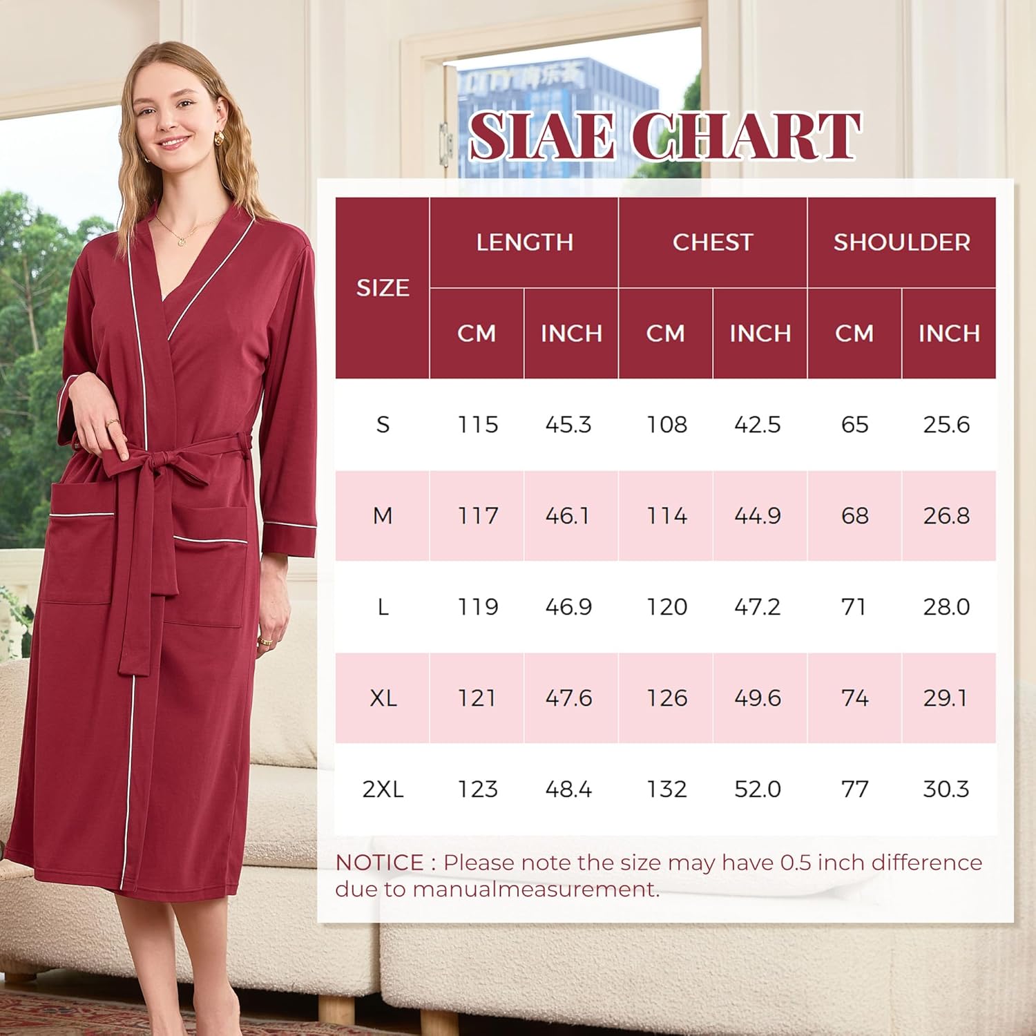 HEARTNICE Womens 100% Cotton Robe, Soft Kimono Spa Long Bathrobe Lightweight Loungewear - Image 6