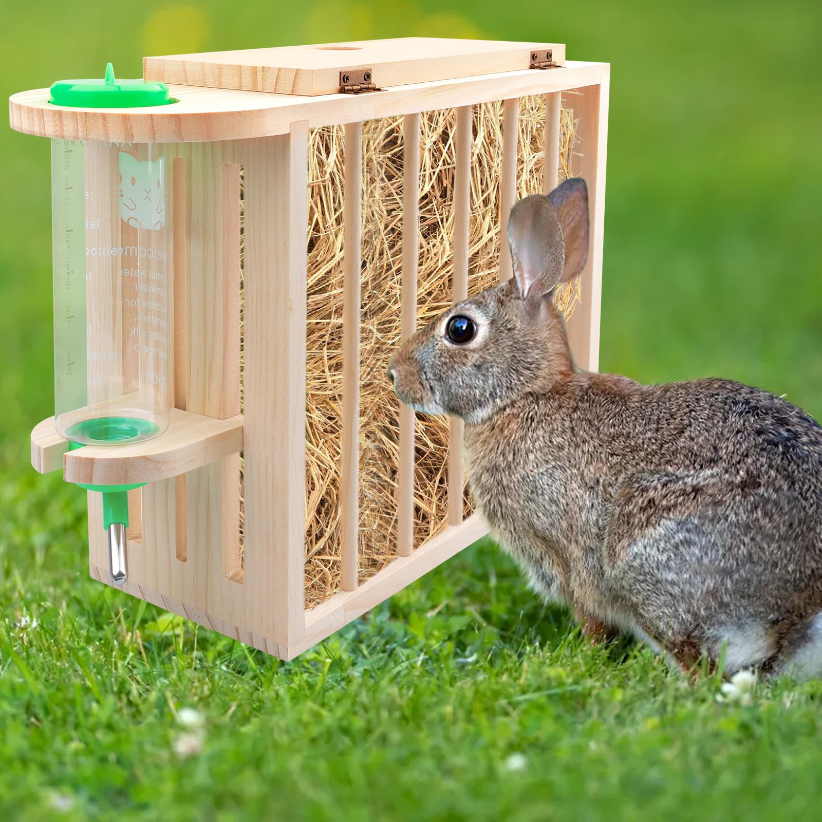 Comedero De Heno para Conejos,Alimentador De Heno para Conejo con Una Botella De Agua,Comedero De Madera para Heno,Comedero De Heno De Conejo para Cobayas,Conejos Y Chinchillas