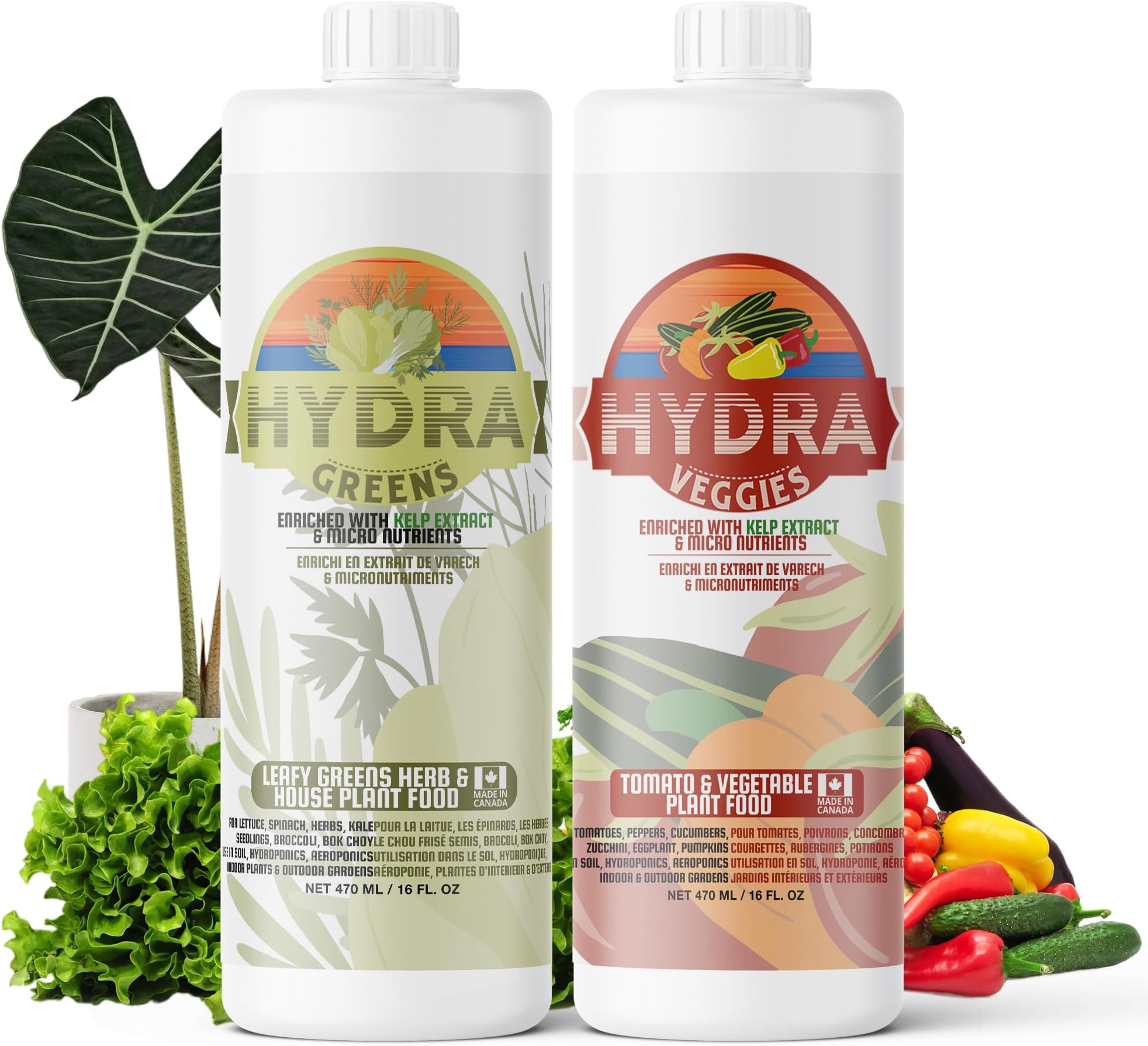 HydraGreens & HydraVeggies Liquid Plant Food for Indoor & Outdoor Gardens 16oz Set - Enriched with Kelp Nutrients - Fertilizer for Houseplants, Herbs, Vegetables, Tomatoes - Use in Soil & Hydroponics
