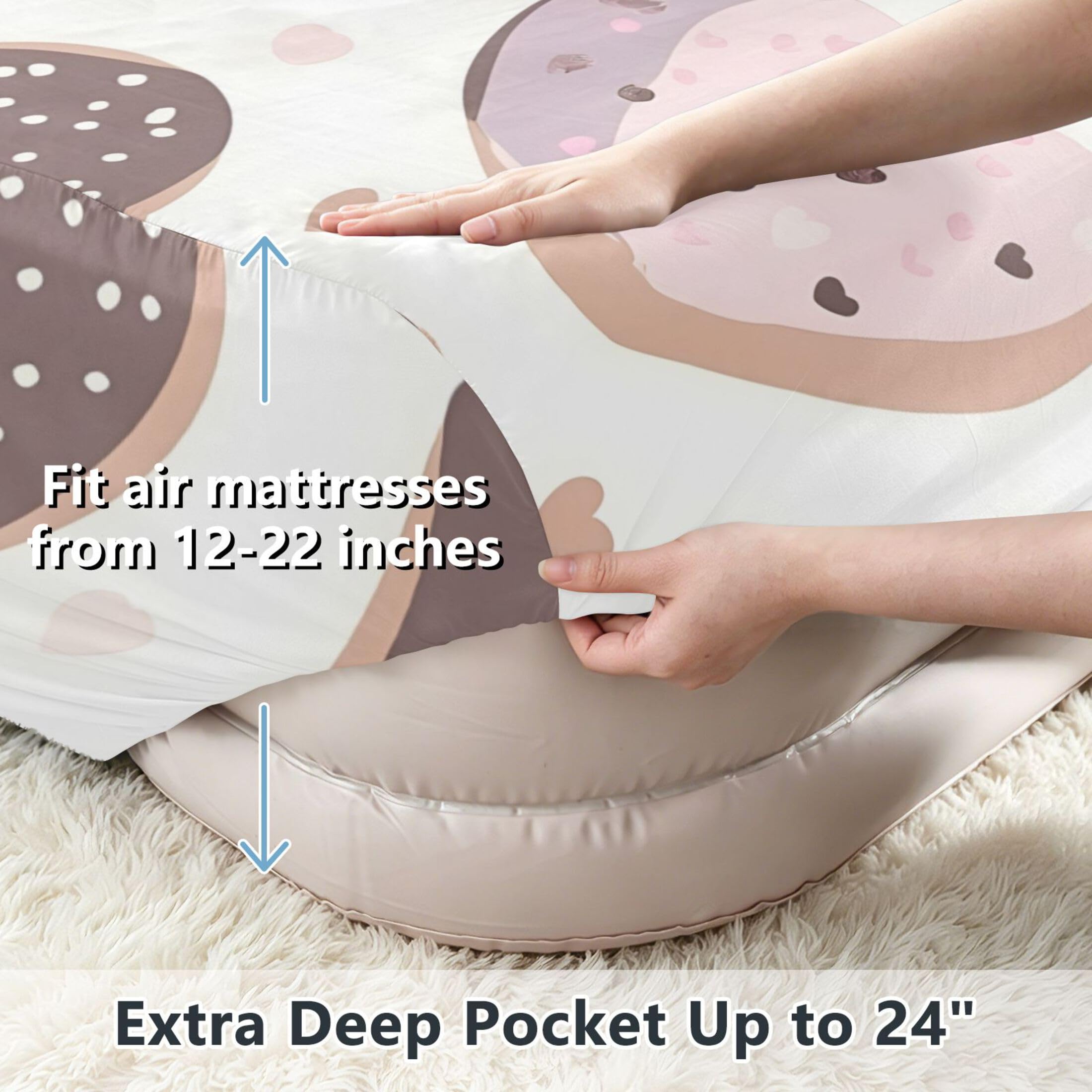 Sábana bajera ajustable individual con diseño de rosquillas de corazón, bolsillo extra profundo de 24 pulgadas, funda suave y transpirable con apertura de válvula de cremallera para cama de
