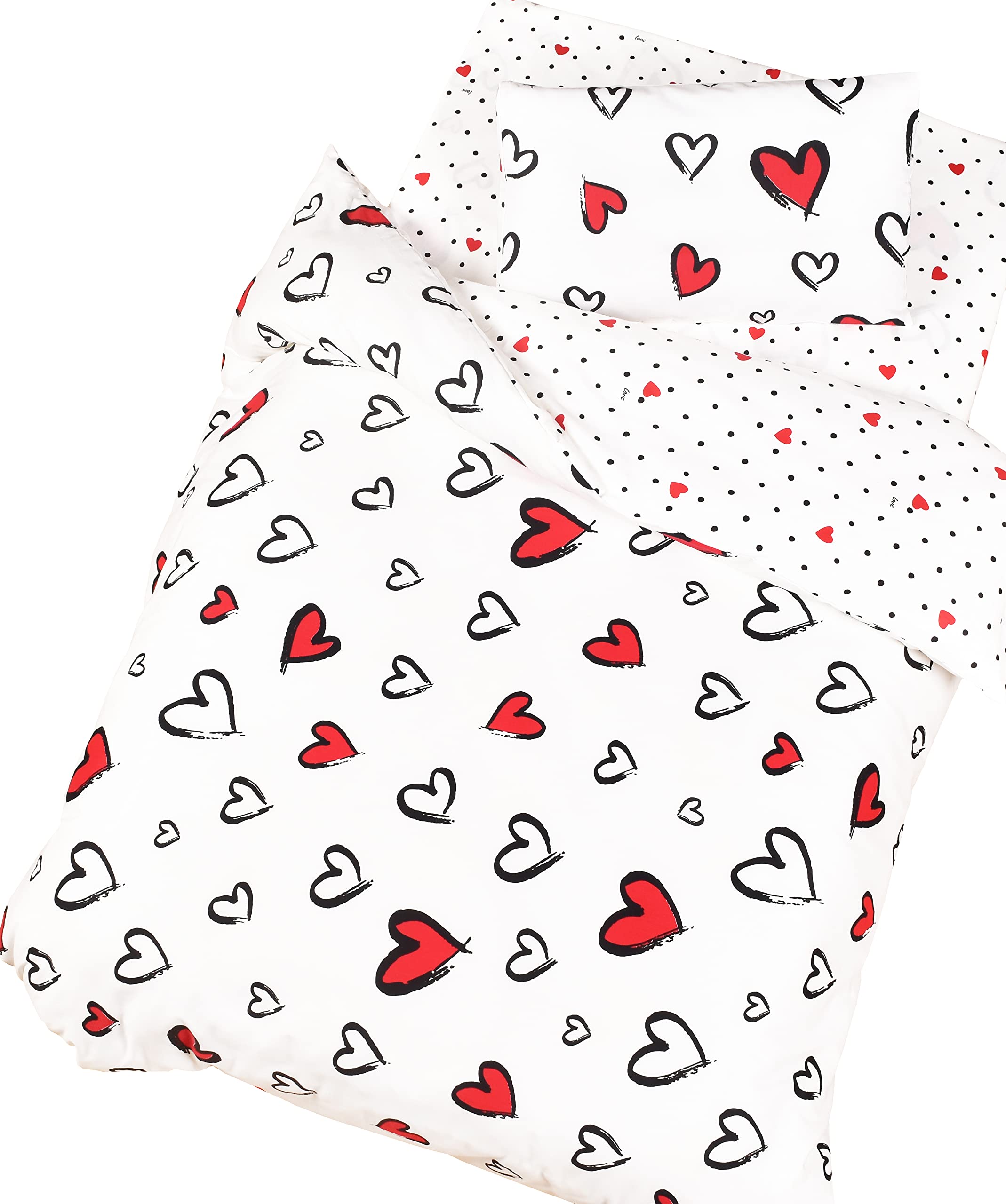 J-pinno Red Heart Cute Girls Cartoon Duvet Cover + Pillowcase Set, Zipper Closure, 100% Cotton, for Kids Crib Toddler Bedding Decoration Gift (Love, Crib 47" X 59")