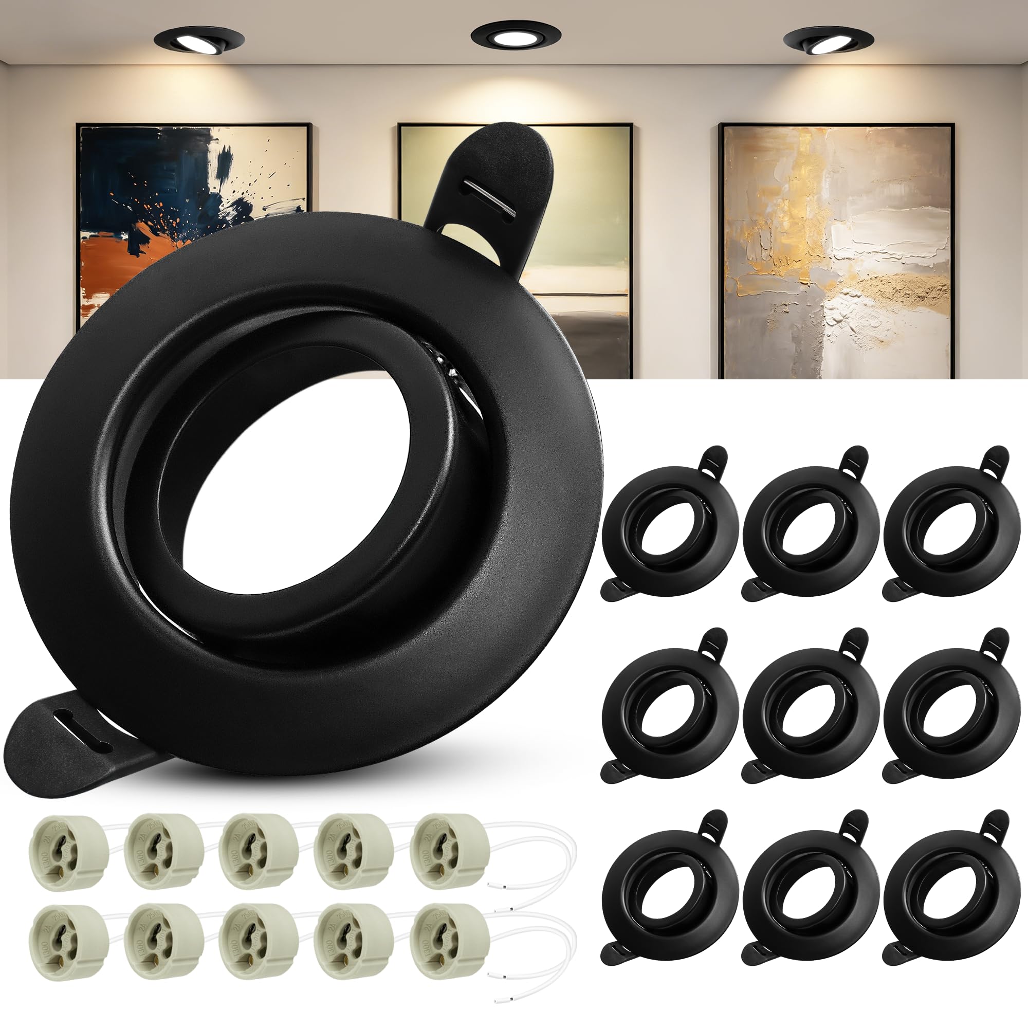 10 x Marco Foco Empotrable GU10, Marco Focos Negro Redondo, 45° Orientable Ojos de Buey, Foco Empotrable LED Techo 230V con Portalámparas GU10 para Lámparas de LED o Halógena