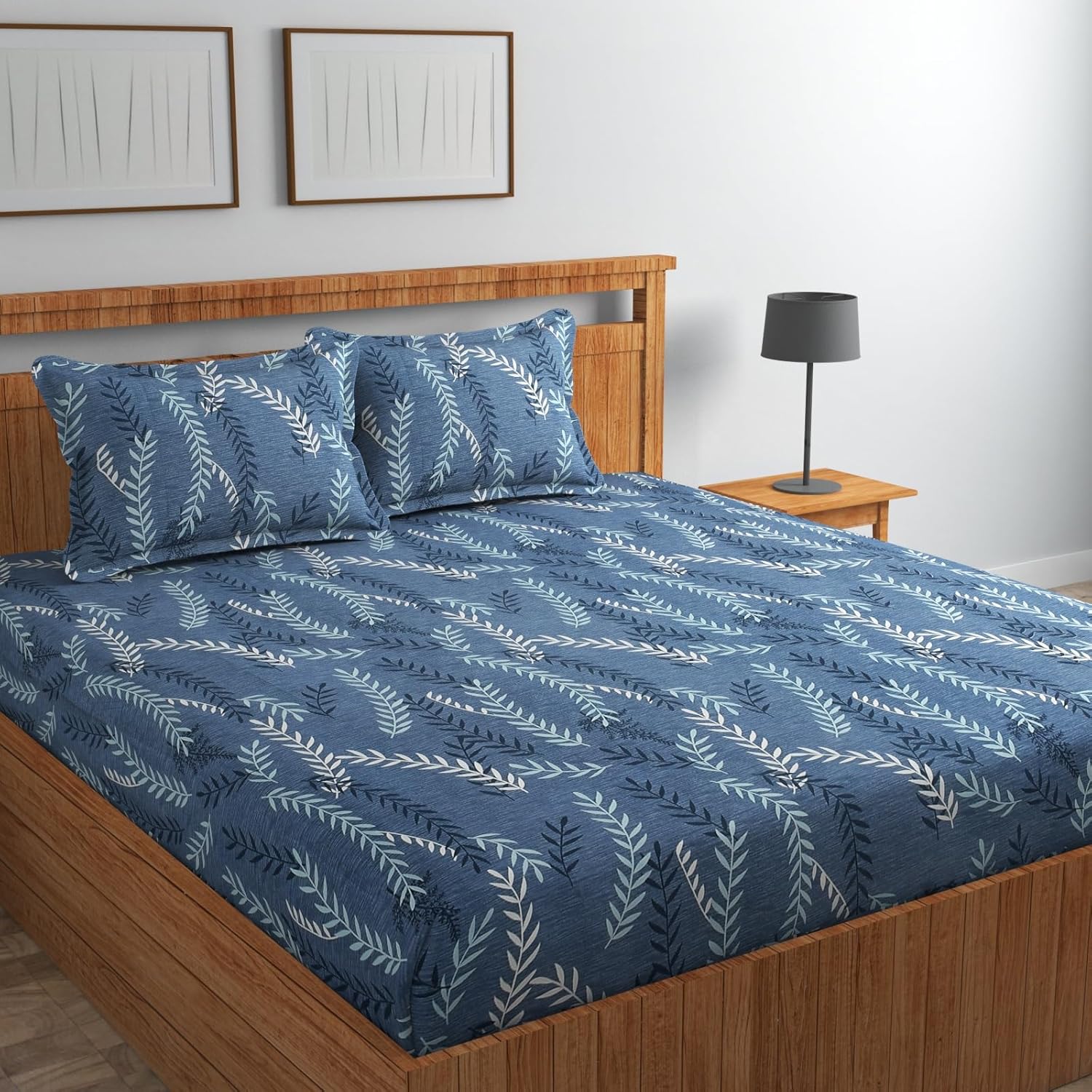 NEW LEAF Premium Cotton Flat Double Bedsheets with 2 King Size Pillow Covers | Double Bed Breathable | Wrinklefree | Ultrasoft 220 tc Supersoft Floral | 90×90 Inches, Blue and White