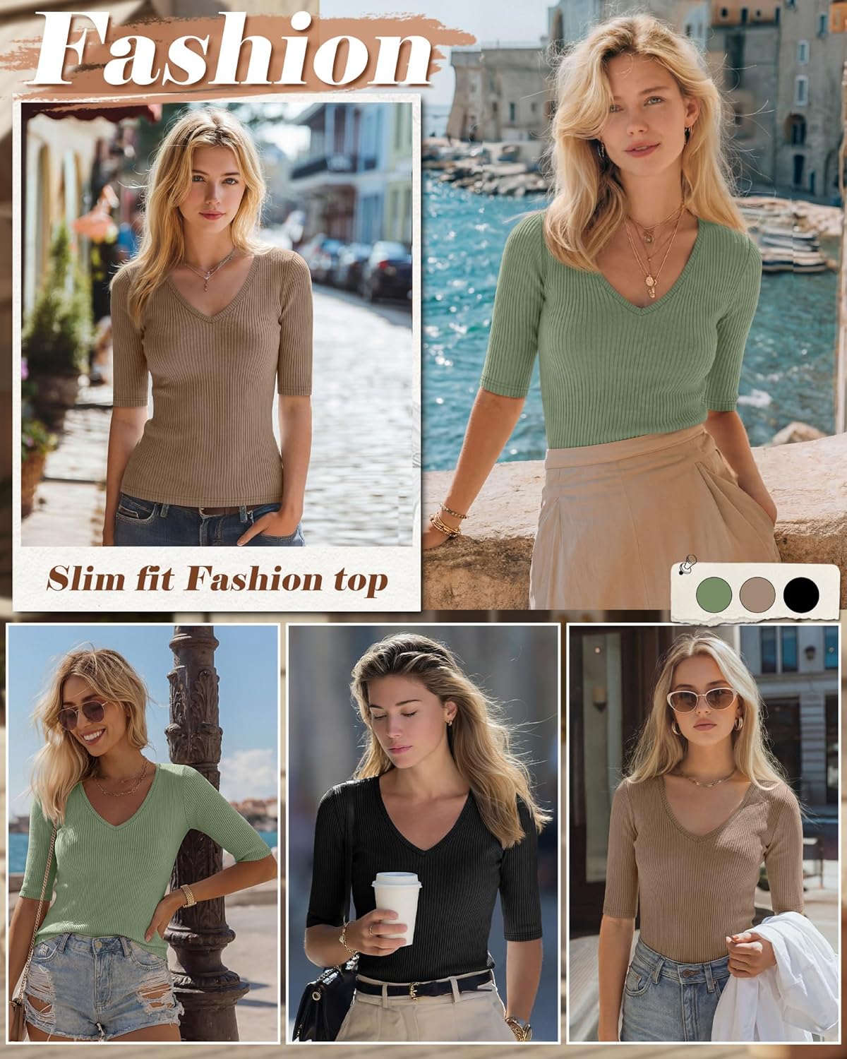 Riyiper 3 Pack Women's Half Sleeve Top Elbow Length Ribbed Cotton T Shirt Women V Neck Summer Tee Slim Fit Casual Blouses - Image 3