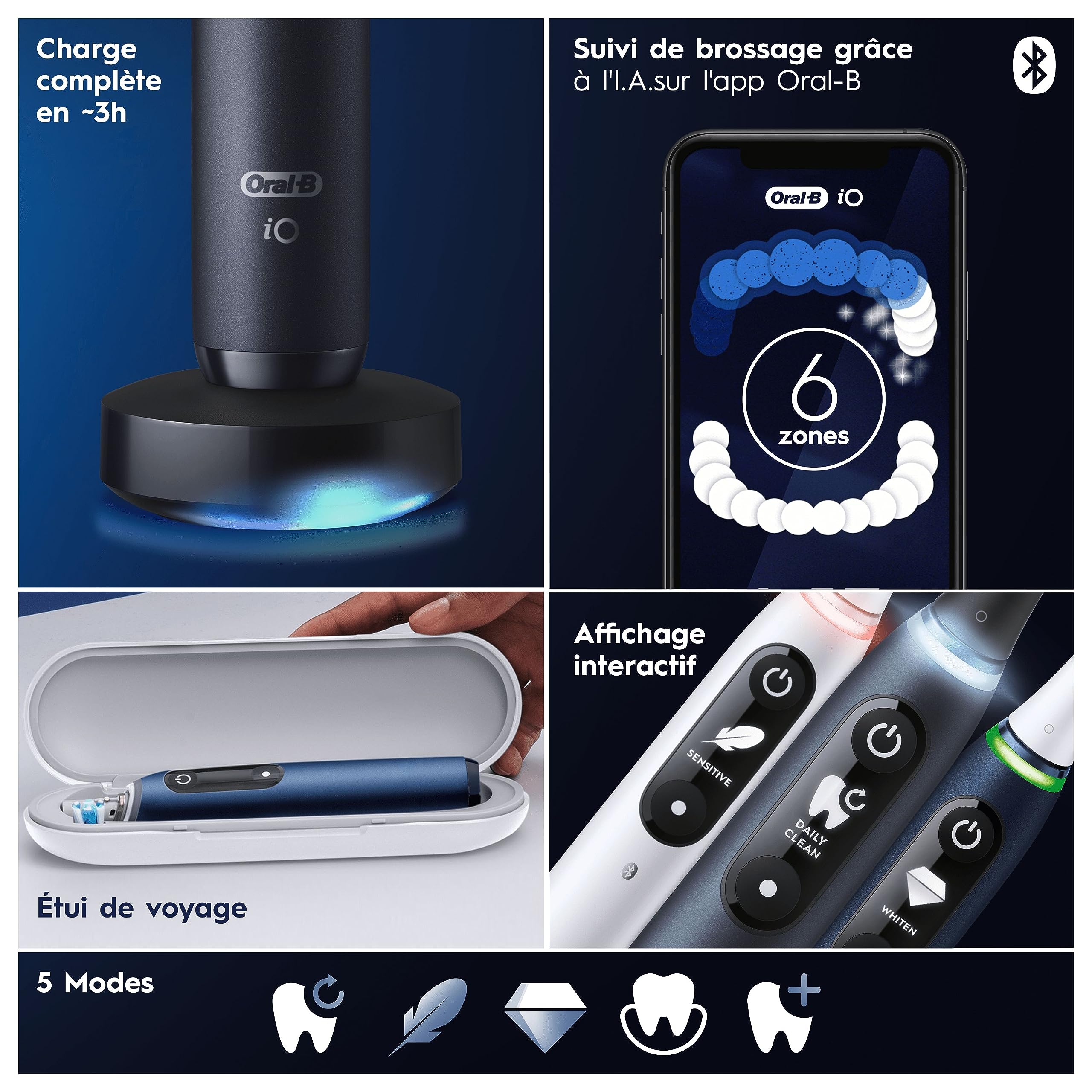 Oral-B iO 7 Duo Brosses À Dents Électriques Noire Et Blanche, Le Capteur De Pression Pour Protéger Les Gencives, Lot De 2 Manches, Des Accessoires, 2 Brossettes Rondes, 1 Chargeur, 1 Étui De Voyage