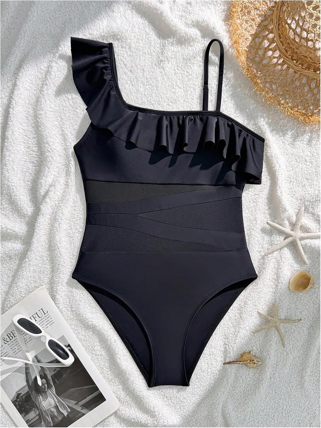 MakeMeChic Teen Girl's One Piece Swimsuit Spaghetti Strap Ruffle Trim Mesh Sheer Summer Bathing Suits