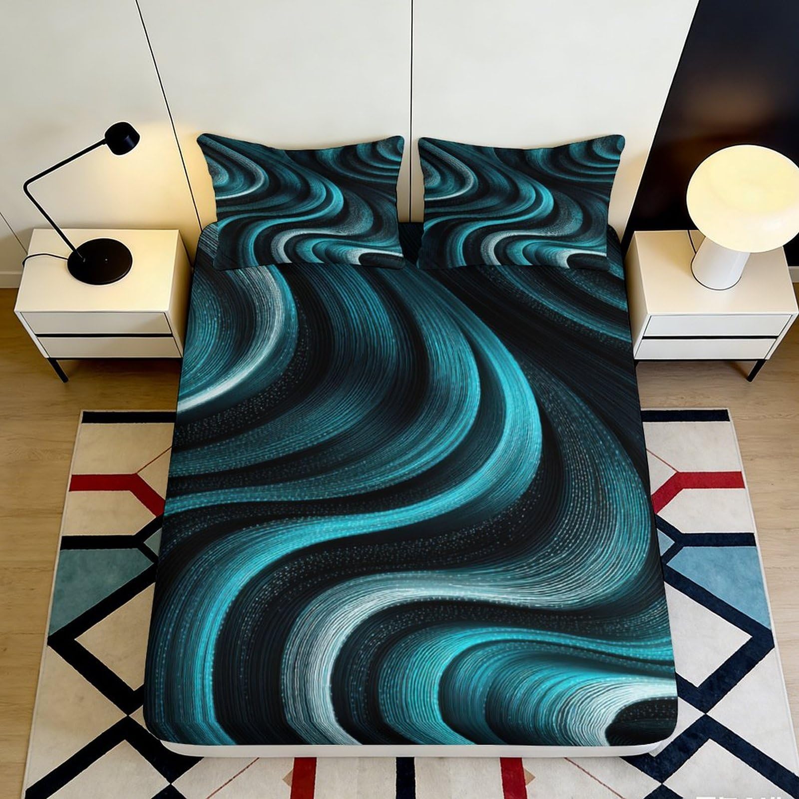 3D Printed Ocean Wave Fitted Sheet Microfiber Soft Teal Abstract Swirl Mattress Cover Bedroom Dorm Decor 90x200x25cm