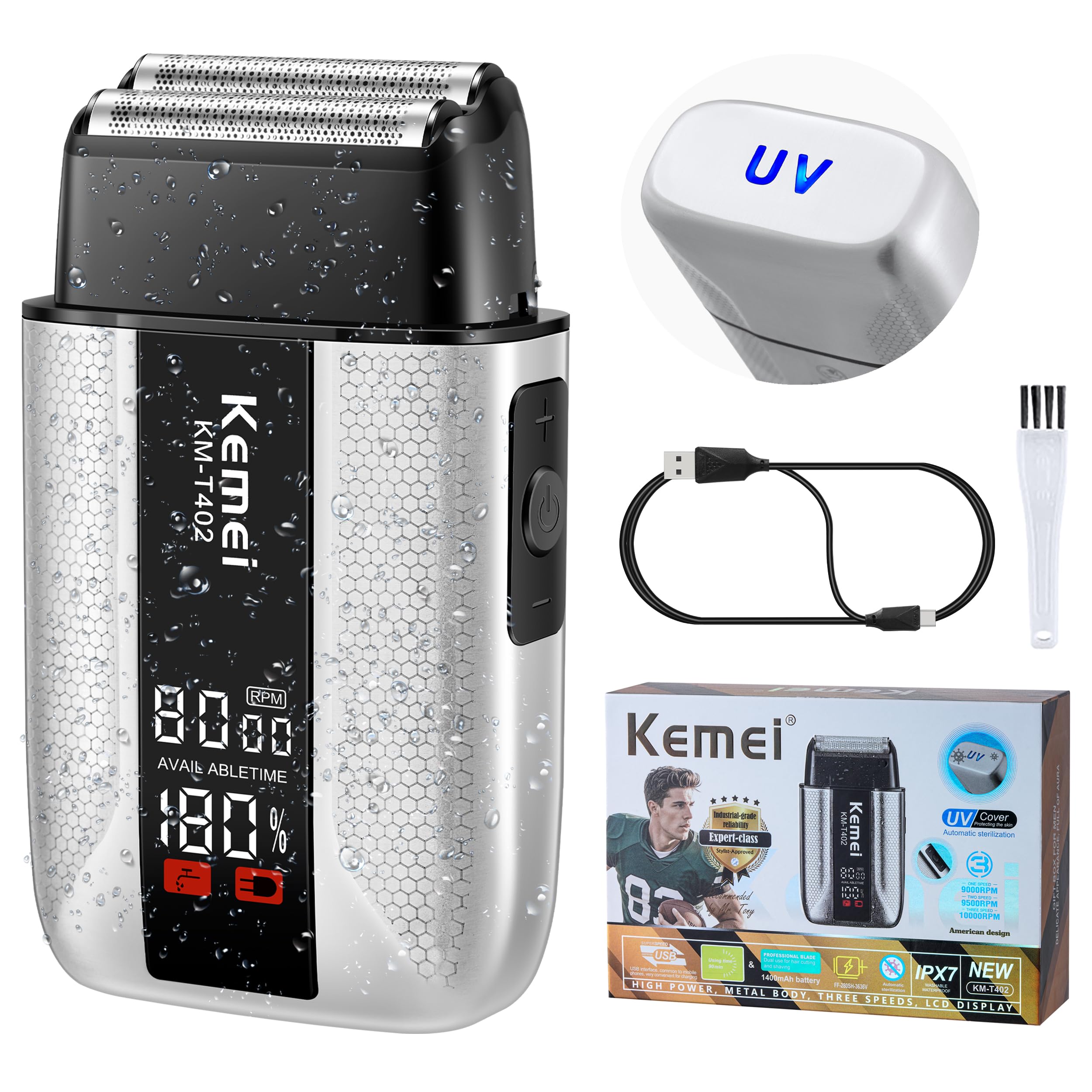 Rasoir électrique professionnel à grille KEMEI T402 pour hommes, étanche IPX7, avec écran LED, double rasoir électrique à 3 vitesses réglables
