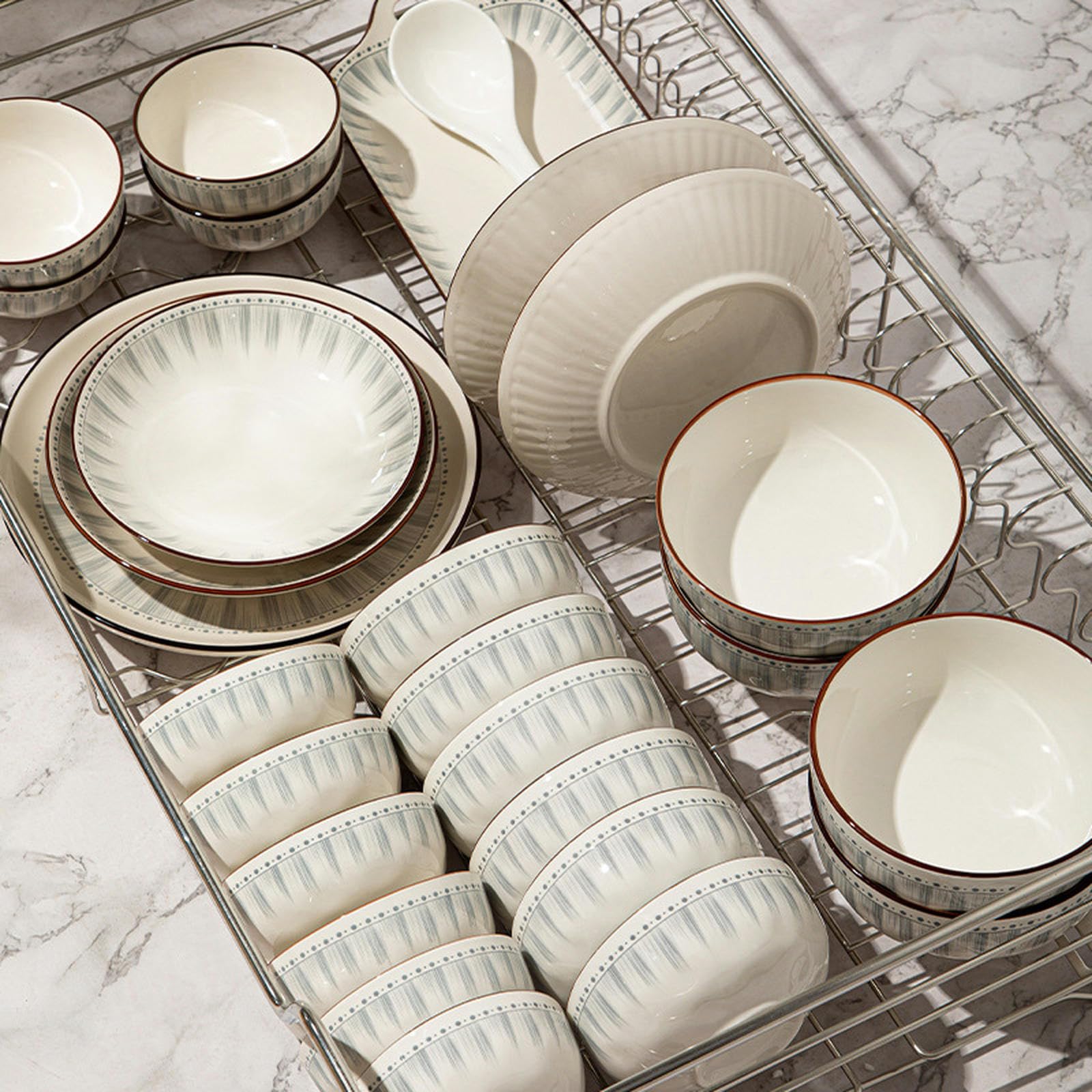 Proste i spersonalizowane połączenie ceramicznej miski i talerza, zestaw misek i talerzy, talerz na ryż i warzywa ceramiczna zastawa stołowa dla 4 osób jedzenie 20-częściowy zestaw - niebieska linia -
