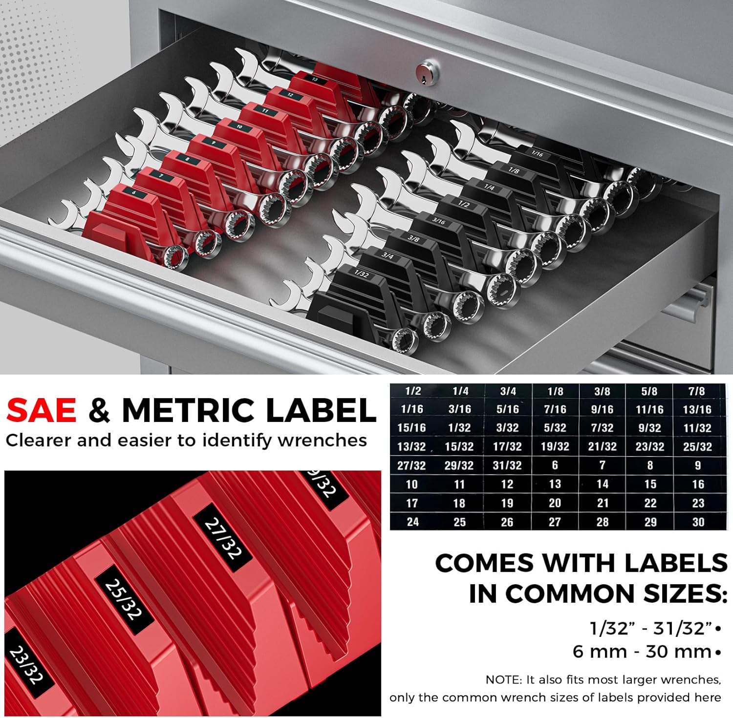 PINOZE 48PCS Magnetic Modular Wrench Organizers for Tool Drawers - Black & Red - Wrench Rack with Metric & SAE Labels, Customizable Magnet Tool Storage Holder for Tool Box Organization