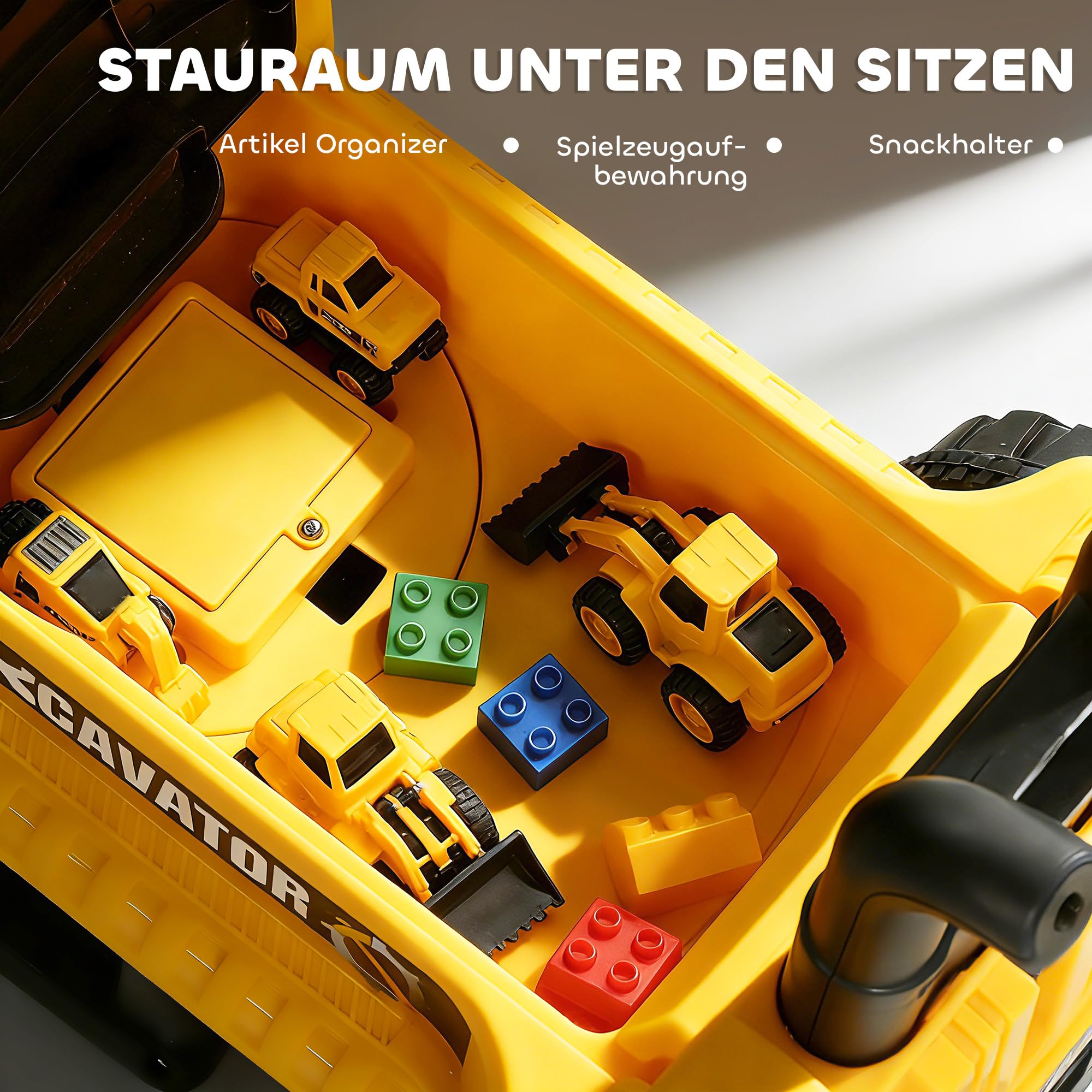 AIYAPLAY Escavatrice con paletta, per bambini, con struttura girevole, schienale regolabile, escavatore giocattolo per sedersi fino a 25 kg, per bambini da 1,5 a 3 anni, colore giallo