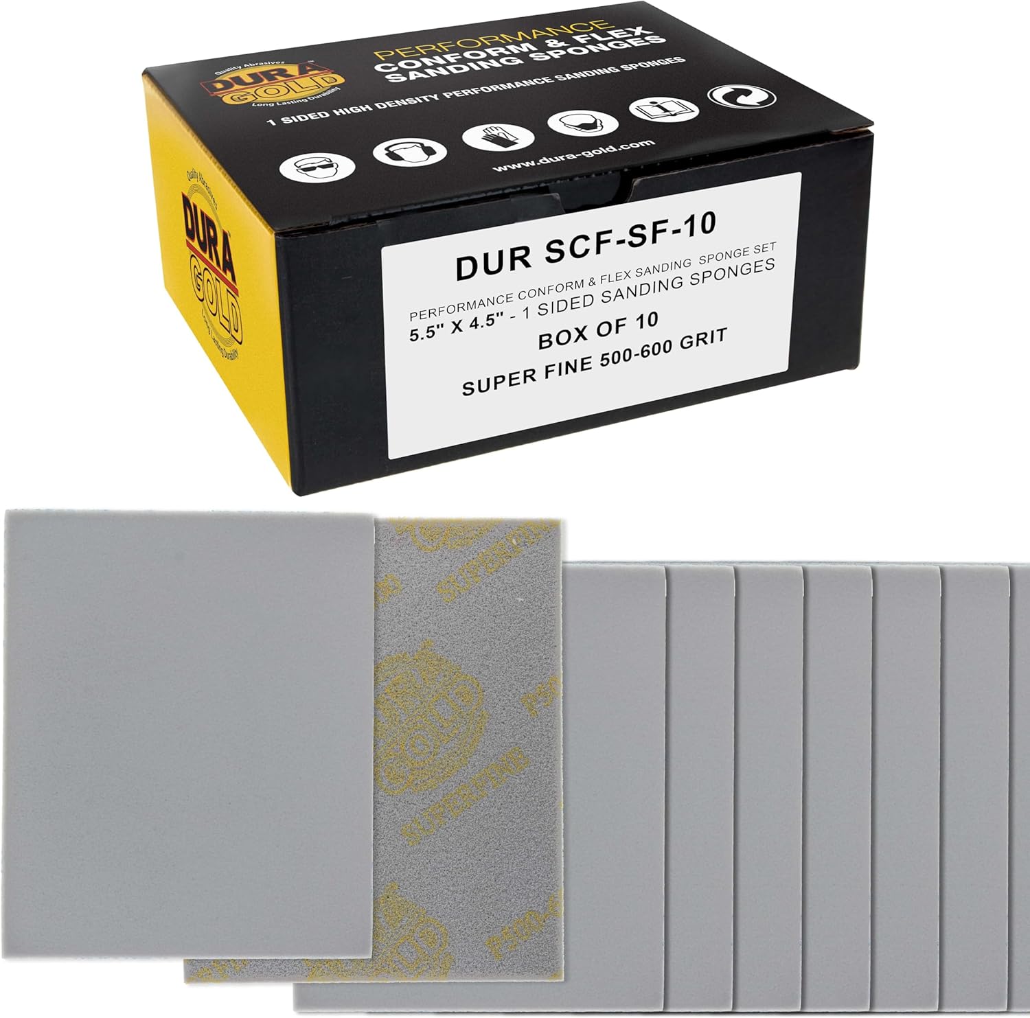 Dura-Gold Microfine Cut Sanding Sponges, Box of 10-5.5" x 4.5" (1200 to 1500 Grit) Performance Conform & Flex Wet or Dry Flexible Softback Sandpaper Sponges, Hand Block Wood Drywall Metal Auto Paint