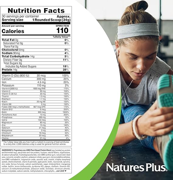 NaturesPlus SPIRU-TEIN, Peaches & Cream - 2.24 lb - Plant-Based Protein Powder - Vitamins & Minerals for Energy - Vegetarian, Gluten Free - 30 Servings