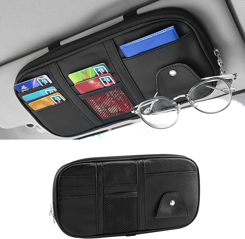 Faux Leather Car Sun Visor Organizer, Black | multiple pockets, zippered mesh section, card and eyewear storage, strap-on mounting, car interior accessories