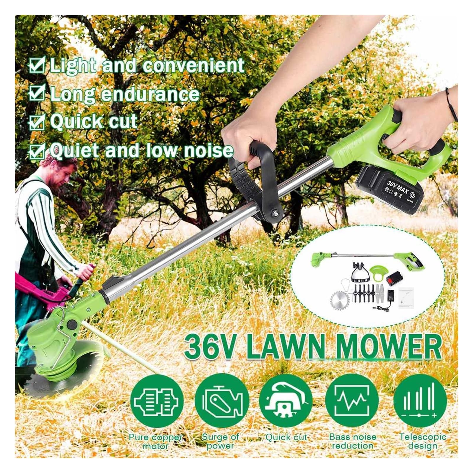 Desbrozadora, Cortacésped eléctrico de 36V y 1800W, cortadora de césped inalámbrica de 18000 RPM, cortadora de Mano, Herramientas de poda de jardín con batería
