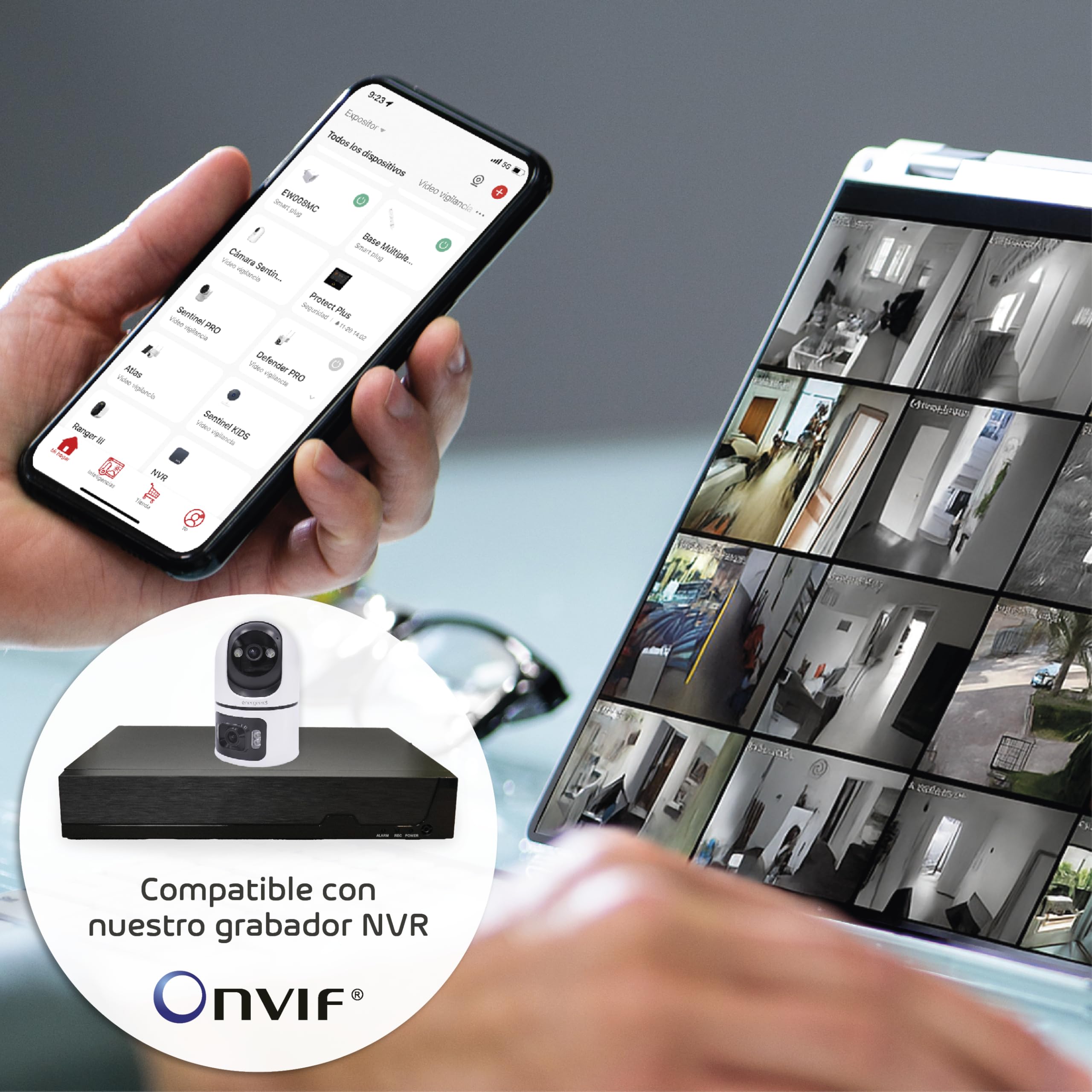 energeeks Sentinel Duo - Cámara Vigilancia WiFi Interior - 2,4/5GHz - Doble Lente 4MP+4MP - Motorizada 360º - Autotracking - Bluetooth - Detección Humanos y Sonido - Sirena y Luz LED - ONVIF