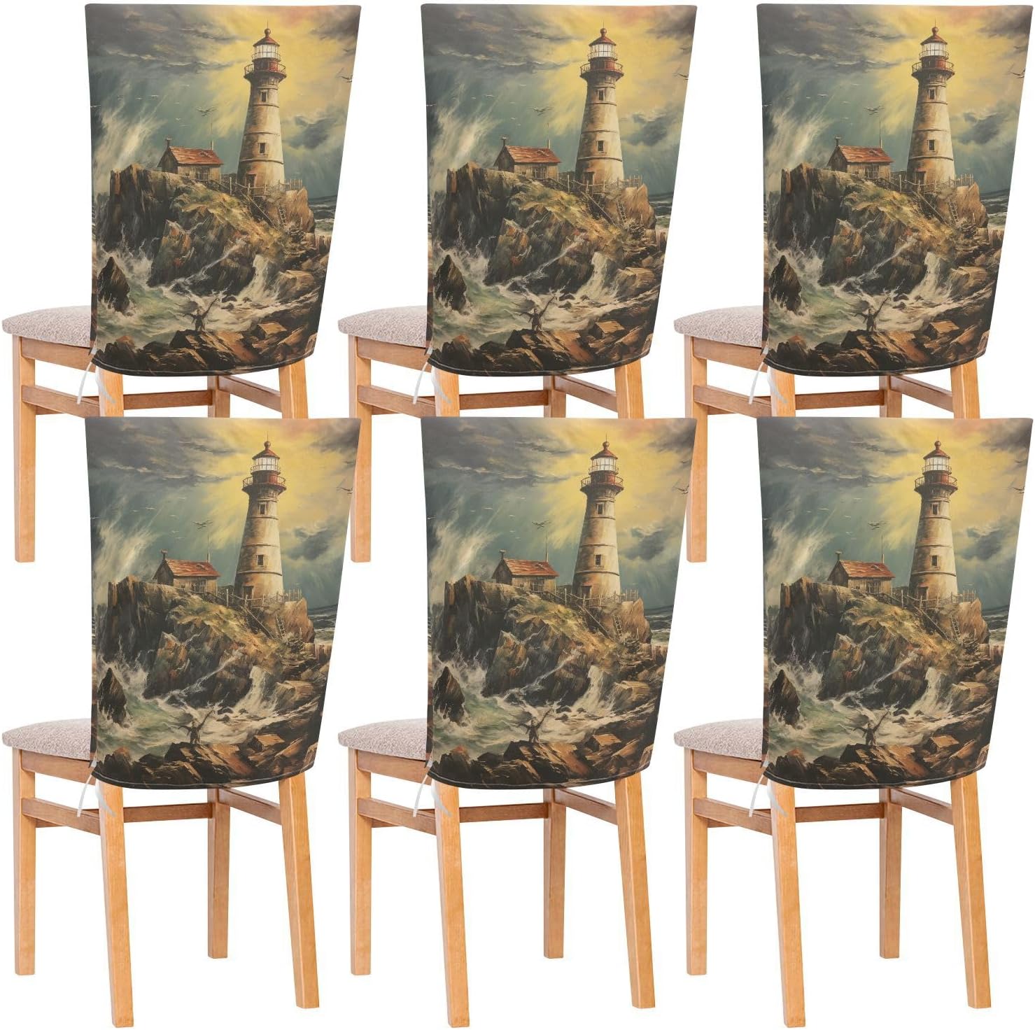 ALAZA Nautical Lighthouse and Ocean Waves Chair Back Cover Set of 6, Washable Reusable Removable Chair Slipcovers Decorative Chair Cover for Home Kitchen Wedding Party