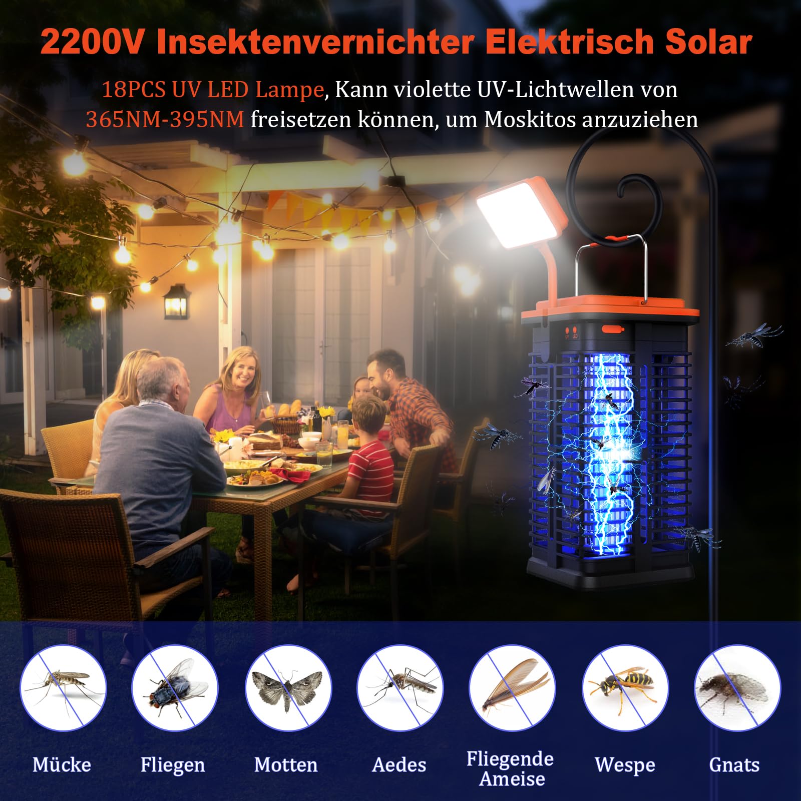 Insetticida elettrico solare con luce a LED, 4000 mAh, protezione solare dalle zanzare, elettrica anti zanzare, trappola per insetti per interni ed esterni, campeggio, terrazza