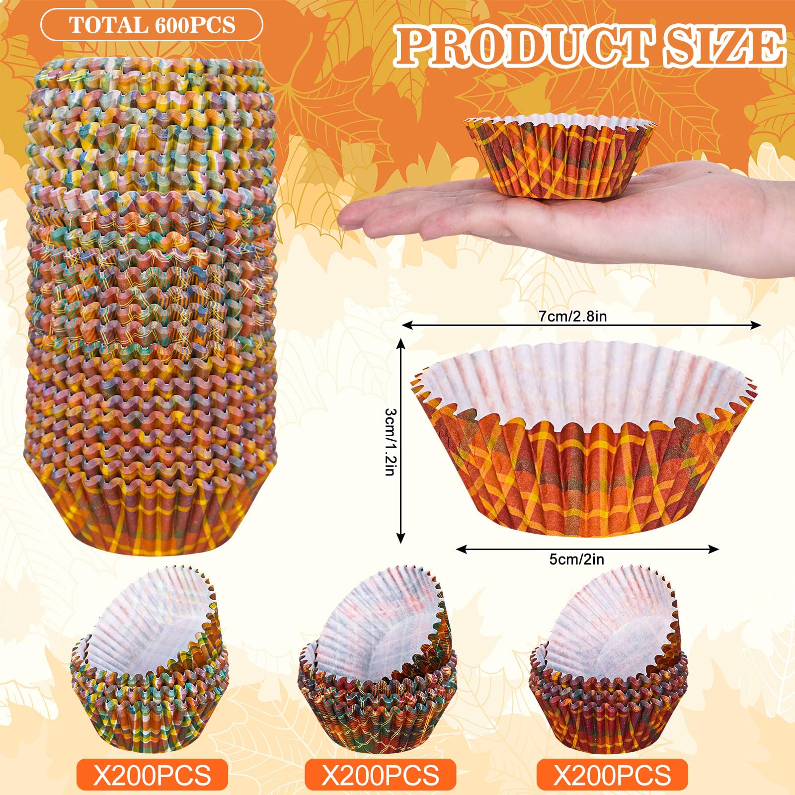 Whaline 600Pcs Fall Thanksgiving Cupcake Liners Plaid Baking Cups Autumn Muffin Baking Liners for Birthday Party Fall Themed Party Supply Decor