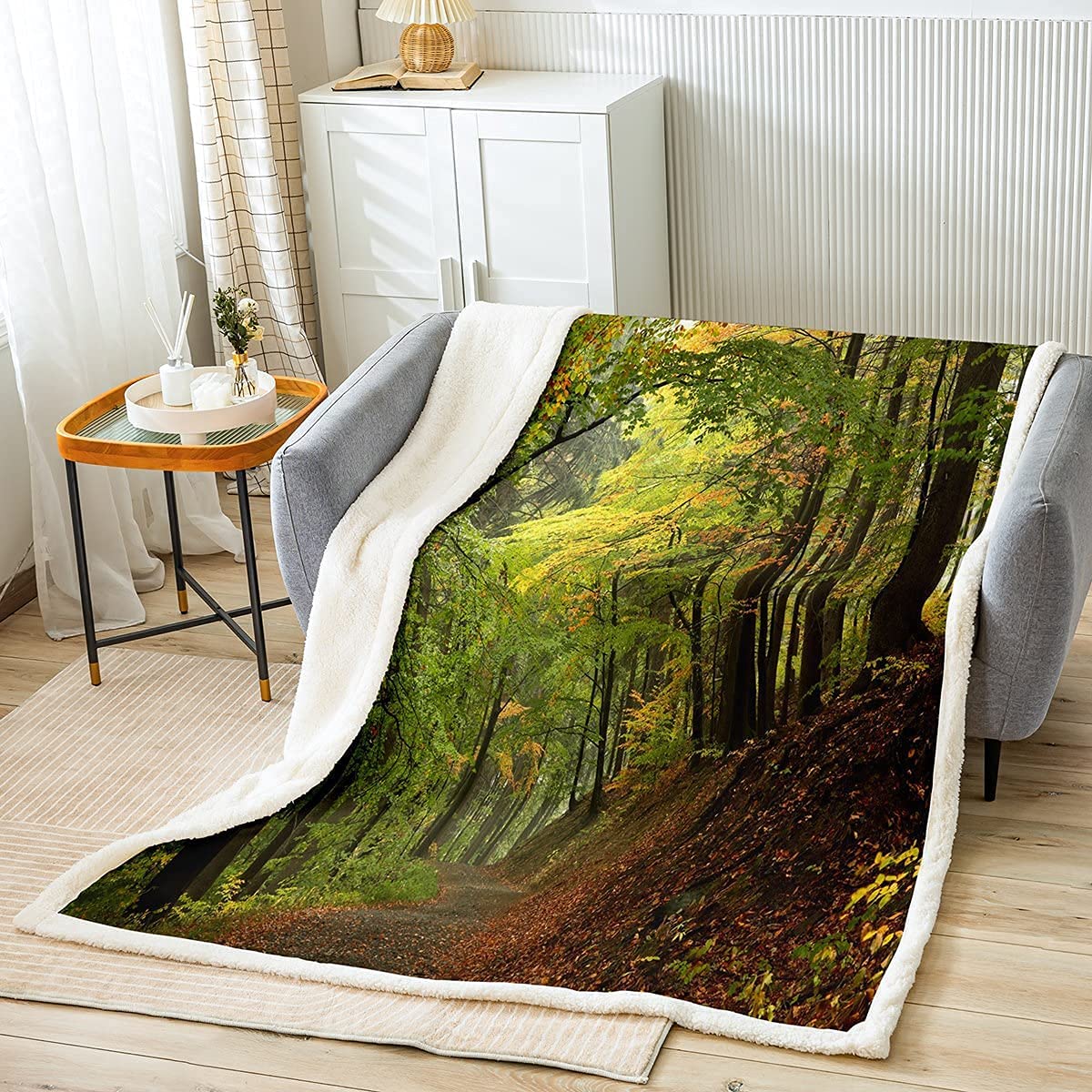 Woodland Sherpa Blanket Green Misty Trees Foggy Dreamy Woodland Scene Throw Blanket for Kids Boys Girls Green Brown Fuzzy Blanket for Sofa Bed Couch Luxury Decor Single 50"x60"