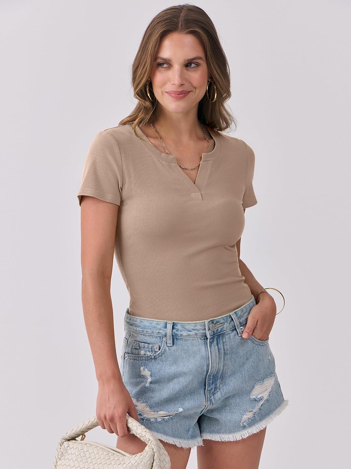 ANRABESS Women Short Sleeve Tops V Neck Rib Knit Slim Fit Shirts Basic Tee 2026 Summer Casual T-Shirt Outfits Clothes - Image 4