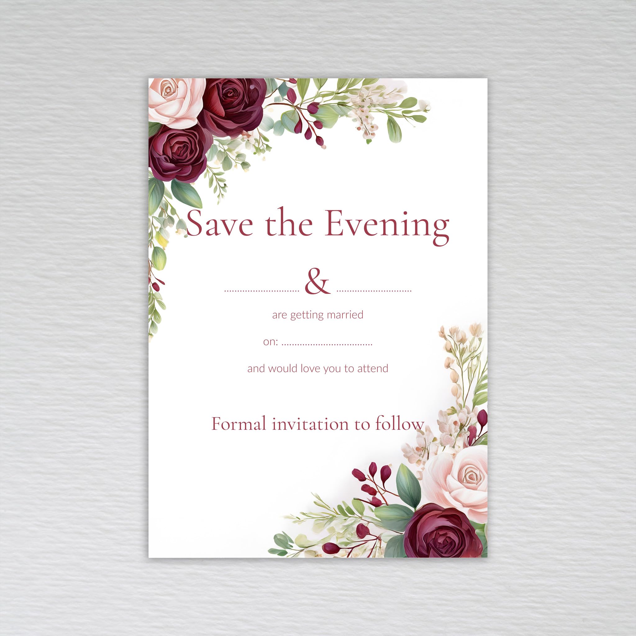 Webspectations Burgundy Save the Evening Cards – Elegant Floral Rose & Eucalyptus Design with Burgundy & Maroon Tones, Wedding Save the Evening Invitations (Pack of 50 without Envelopes)
