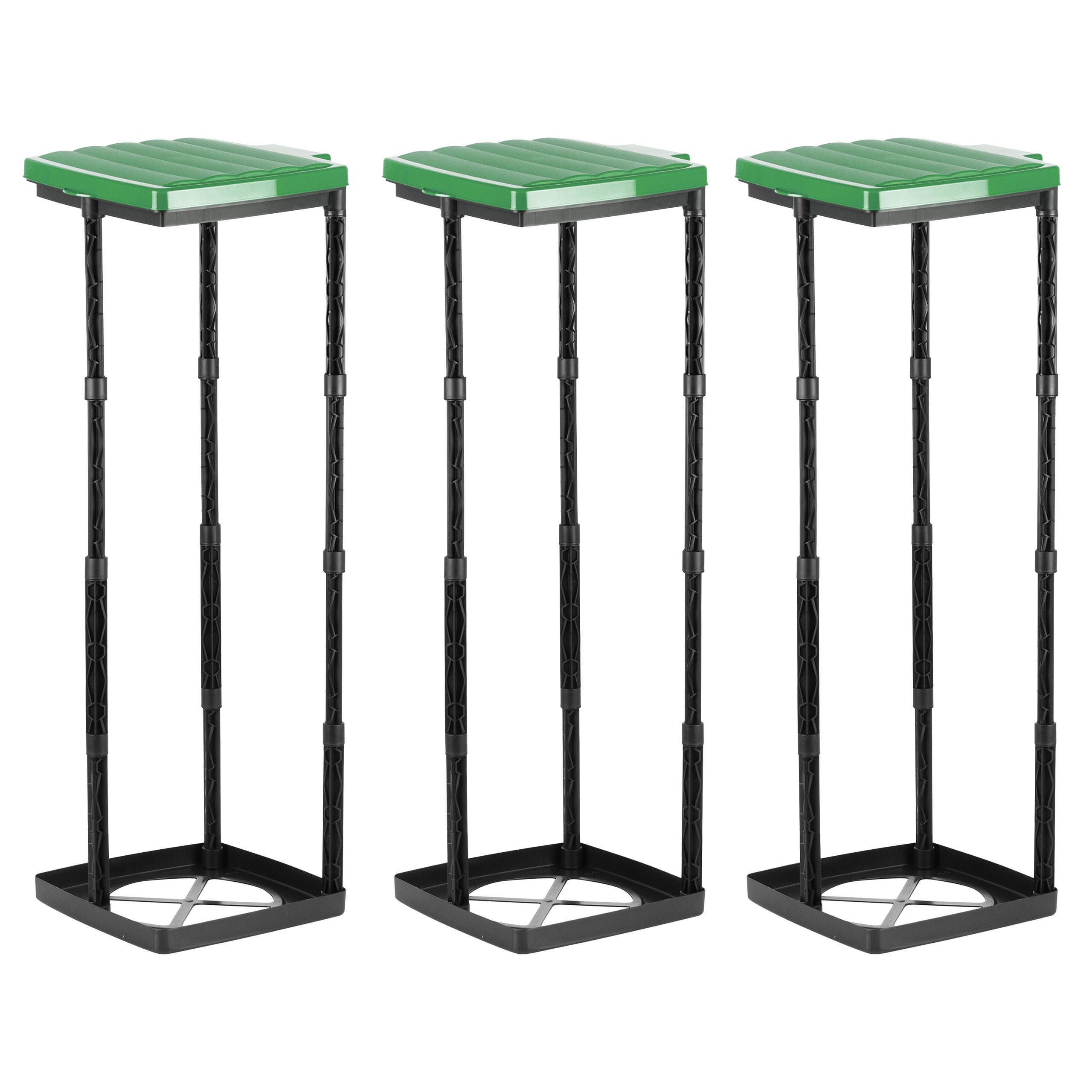 Grizzly bin bag holder, 3x rubbish bin with green lid, height-adjustable plug-in system with clamping ring, for different sized bin liners from 25-120 litres