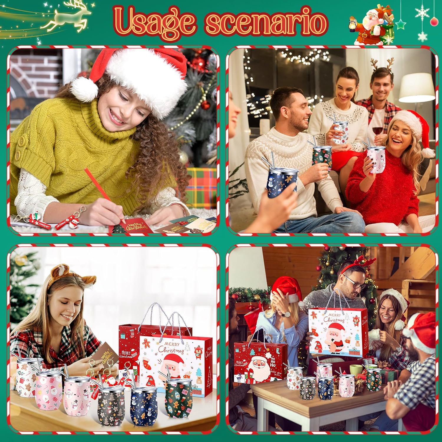 Skylety 24 Pcs Christmas Gifts Bulk for Coworker Employee Women Men 6 Sets with 12oz Christmas Wine Tumblers Keychains Greeting Cards and Gift Bags for Xmas New Year Party Favors(Funny)