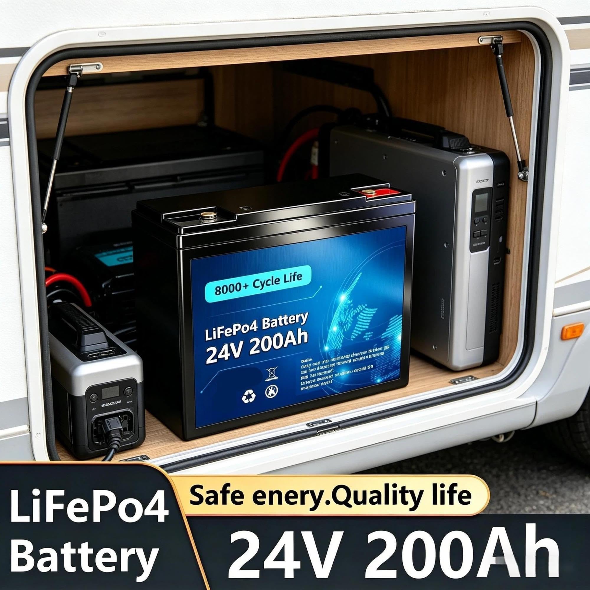 Batería LiFePO4 de 24 V y 200 Ah, BMS Incorporado, 8000+ de Profundidad
