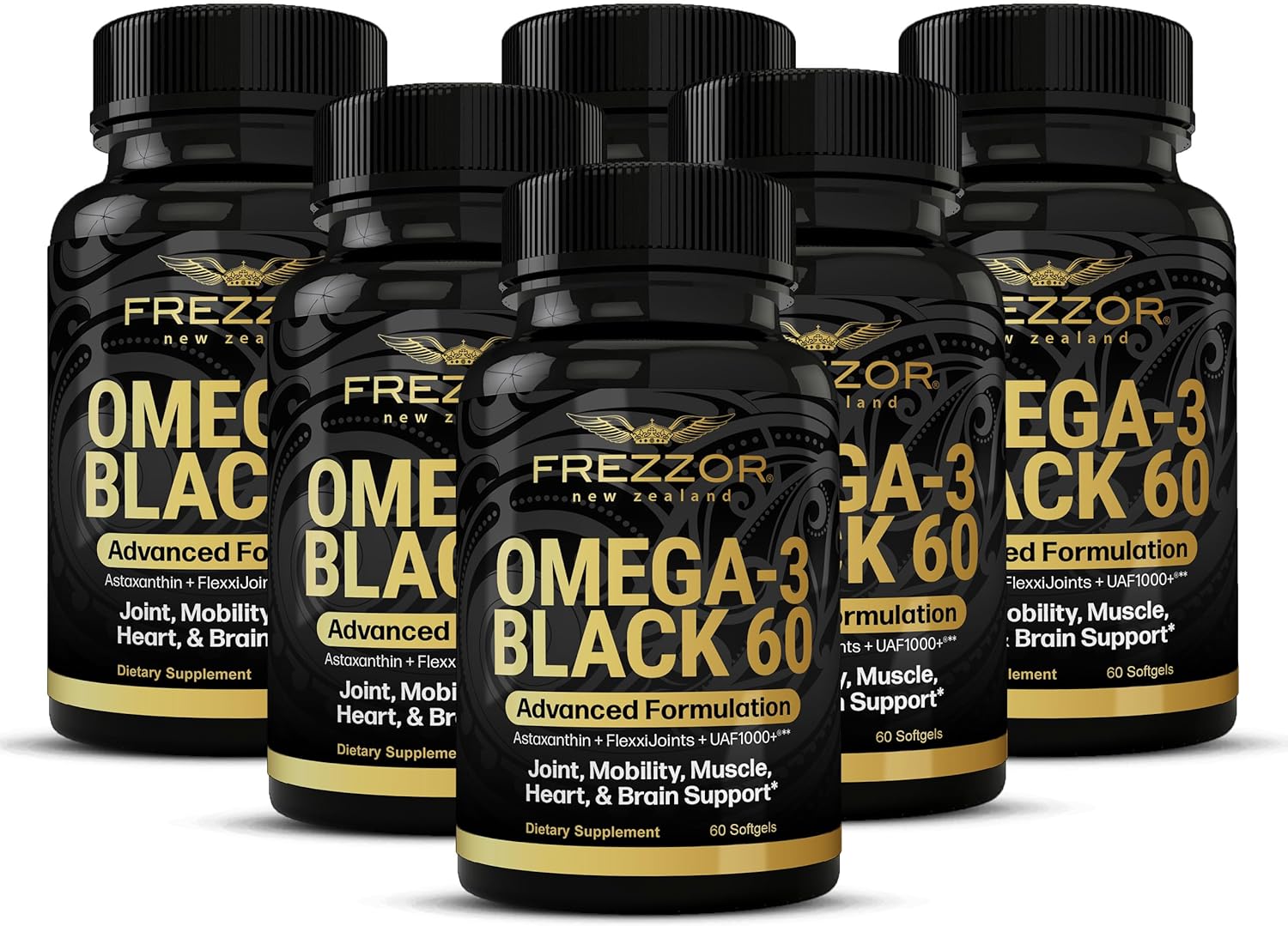 FREZZOR Omega 3 Black for Joint Care & Comfort - New Zealand Green Lipped Mussel Oil Capsules; 53x Higher Potency with UAF1000+ Super Antioxidant, No Fishy Aftertaste, 450mg, 6-Pack, 360 Softgels
