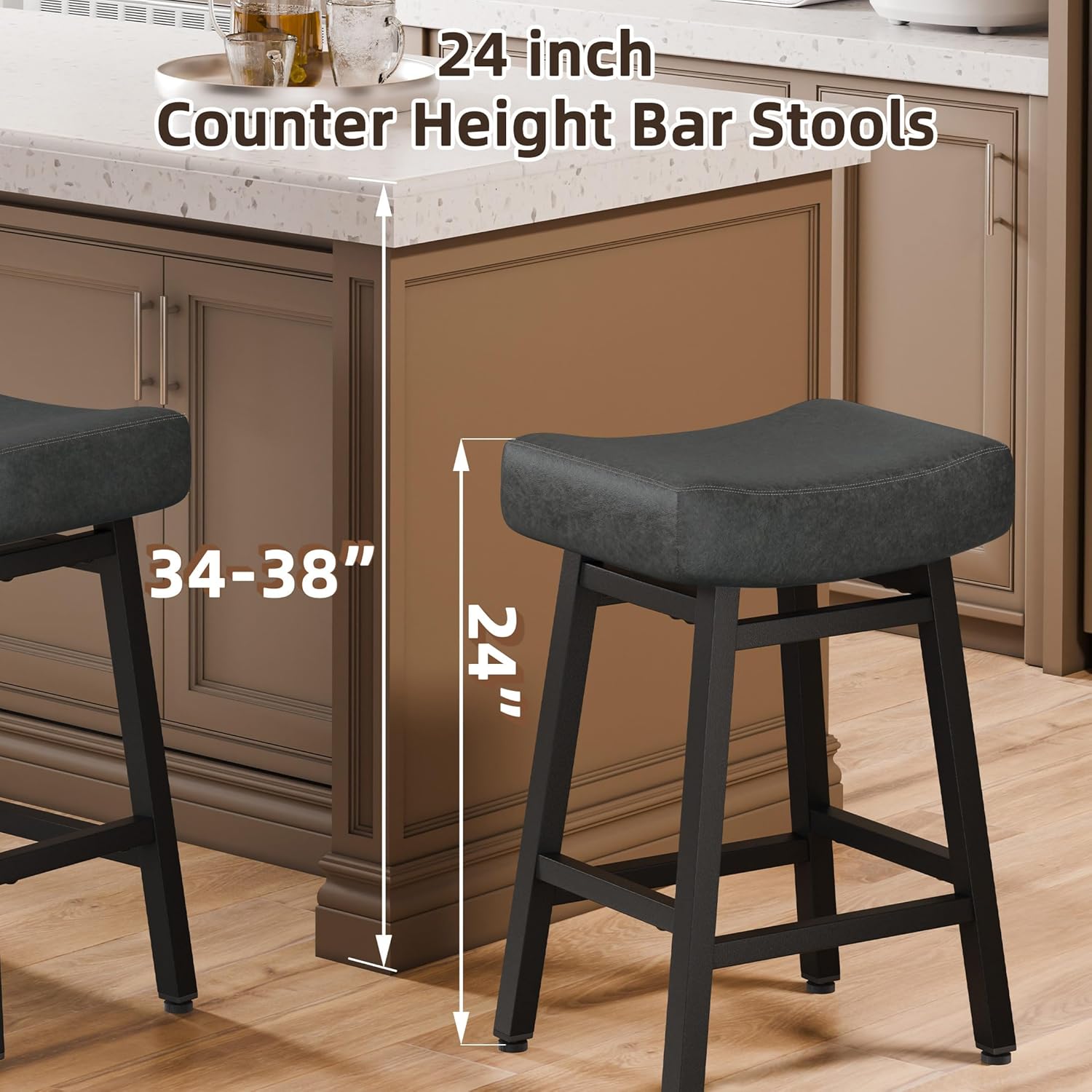 Counter Height Bar Stools Set of 3, 24 Inch Backless BarStools for Kitchen Island Leather Saddle Bar Chairs Kitchen Stools with 4" Thick Seats & Heavy Duty Metal Base, Grey