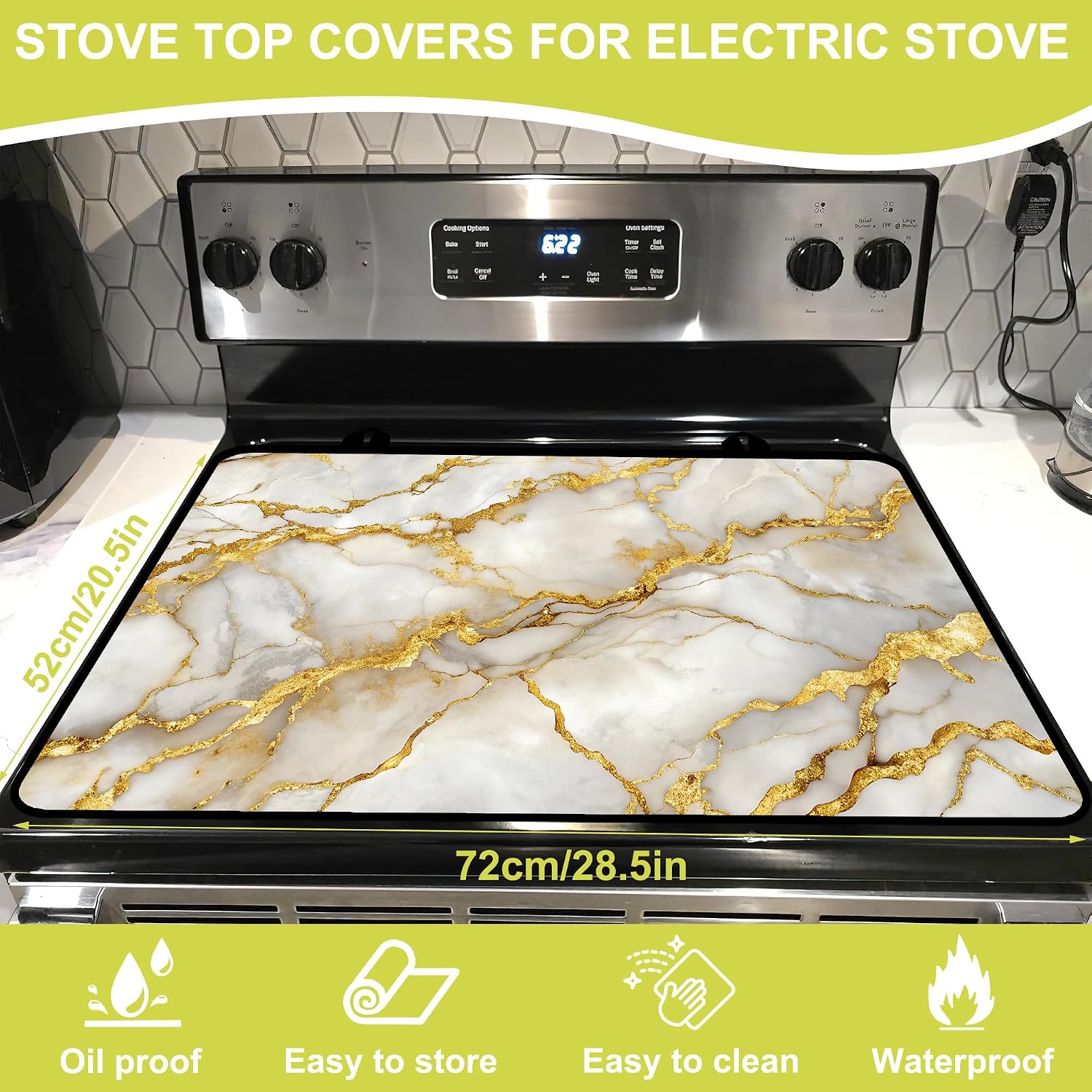 Glass stove top cover 28"x 20", Stove Top Covers for Electric Stove, Flat Range Mat for Glass Cooktop, Kitchen Heat-Resistant Protector Mat Non-Slip Drying Mat (Golden Marble Pattern)