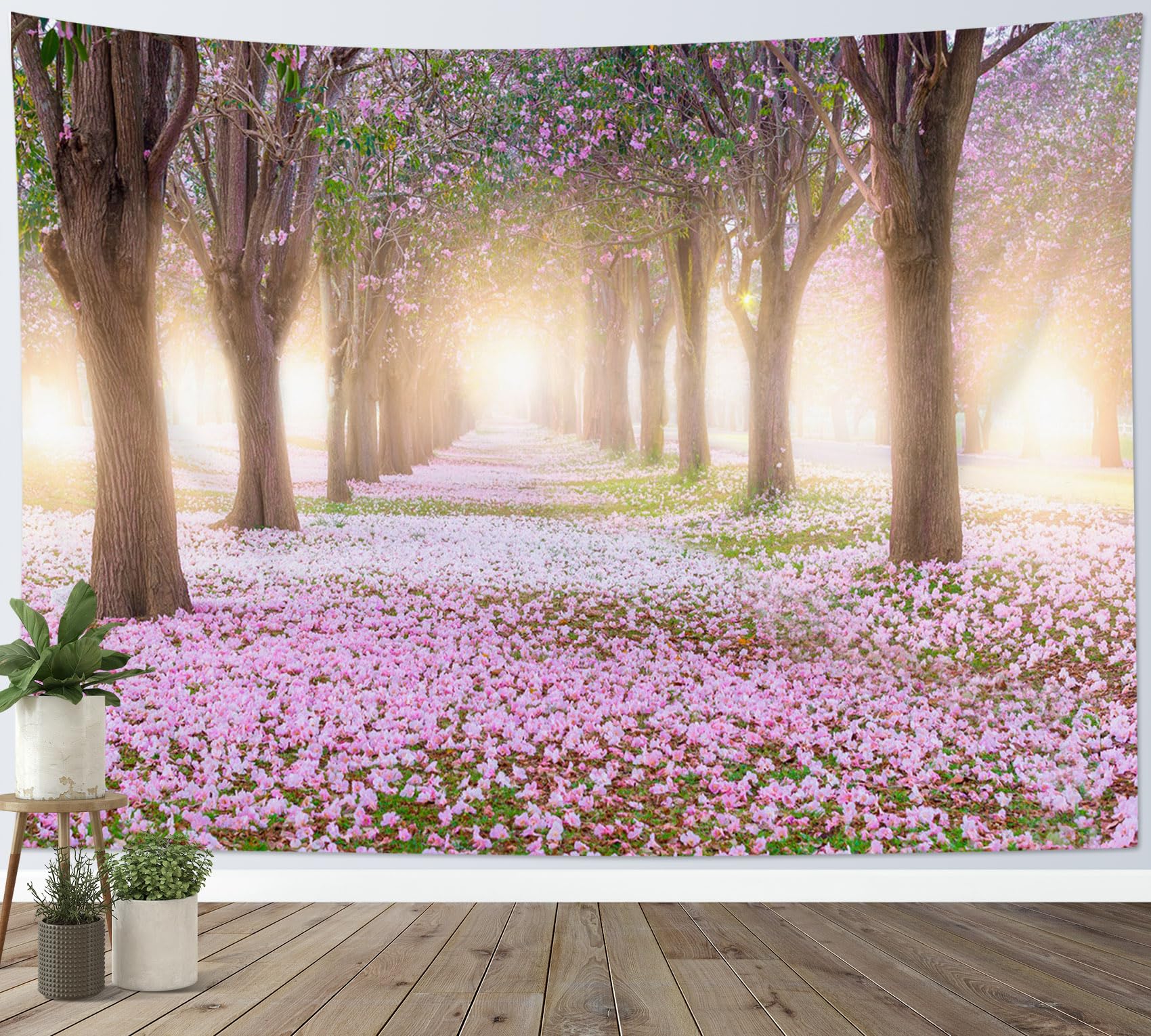 LB Pink Floral Tapestry Flower Tree with Sunshine Tapestry Wall Hanging Spring Nature Scenery Tapestries for Living Room Bedroom Dorm Wall Decor,59x39 inch โ image 1