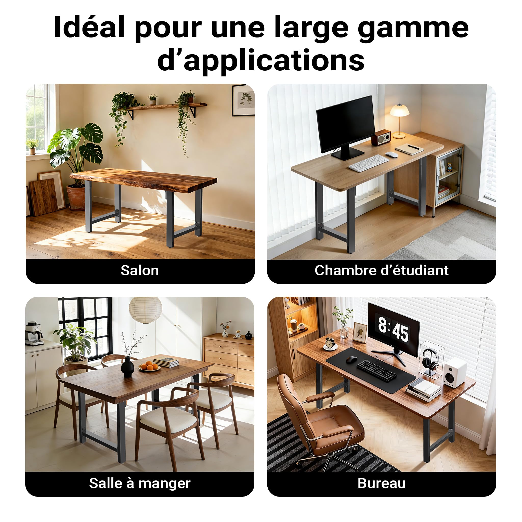 WilTec Pieds de Table en Profil carré - 600 x 240 x 720 mm - Couleur Noire, Transparent - en Acier - Revêtement par Poudre - Piètement Support Bureau pour Plan de Travail Salle à Manger