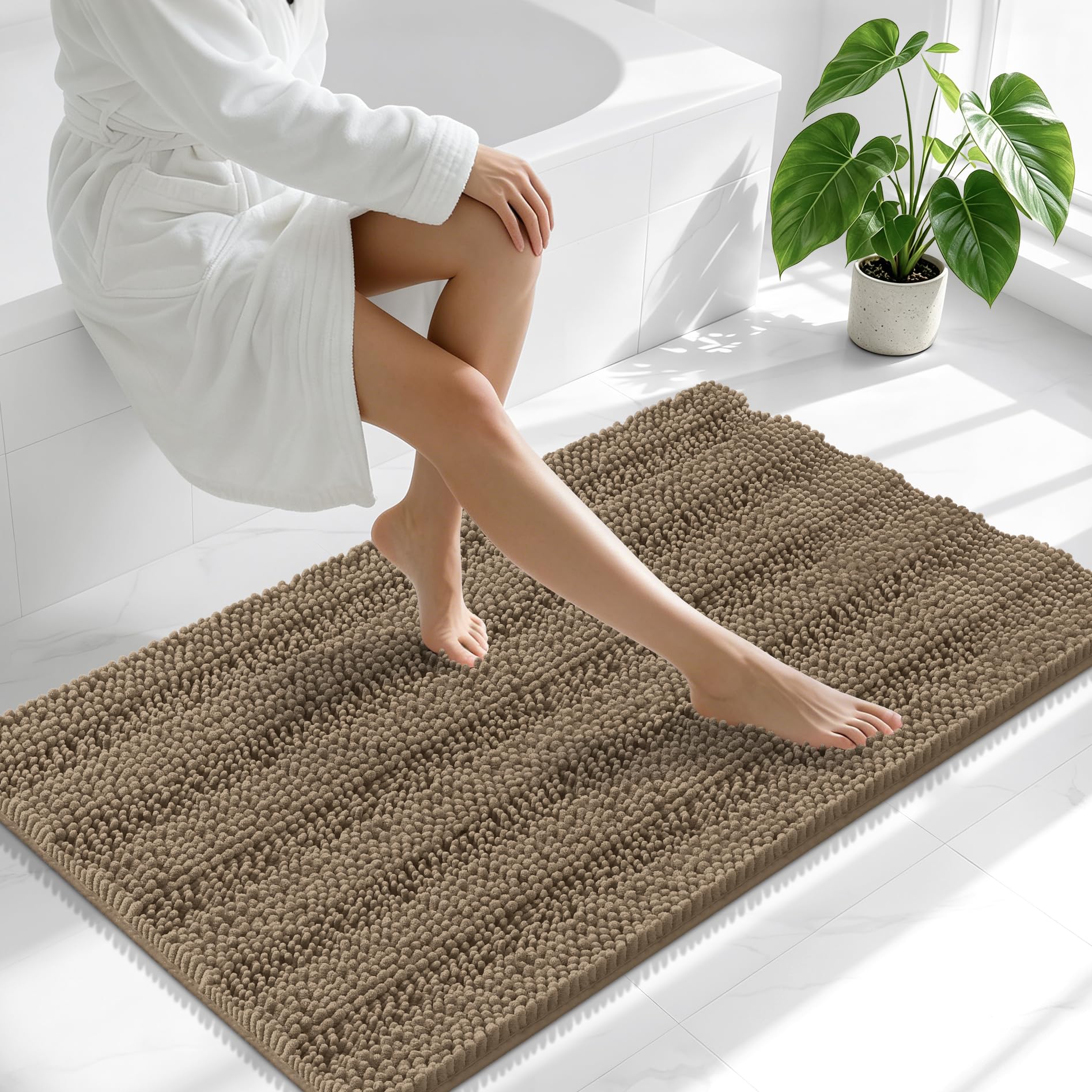 Smiry Thick Chenille Bathroom Runner Rugs 44x24, Absorbent Bath Mat, Tan