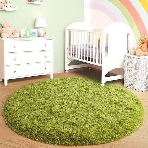 Miniatura 3 de Noahas Alfombra redonda esponjosa de 5 pies, alfombra verde para dormitorio, alfombra mullida para habitación de niños, alfombra de dormitorio