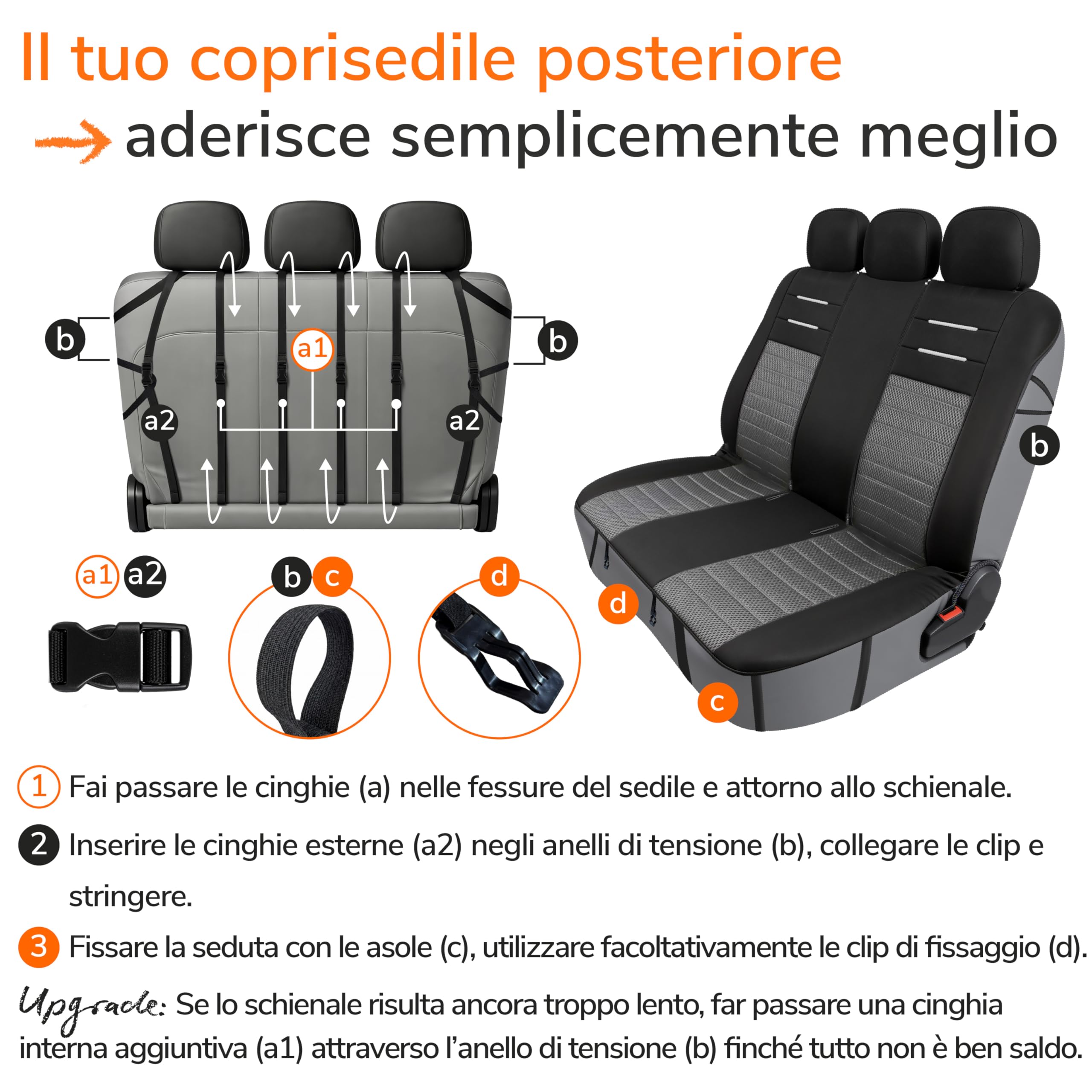 Upgrade4cars Set Coprisedili Universale Versione 2026 | Coperture per Anteriore e Sedile Posteriore in Grigio | Accessori Interno Auto Decorazione
