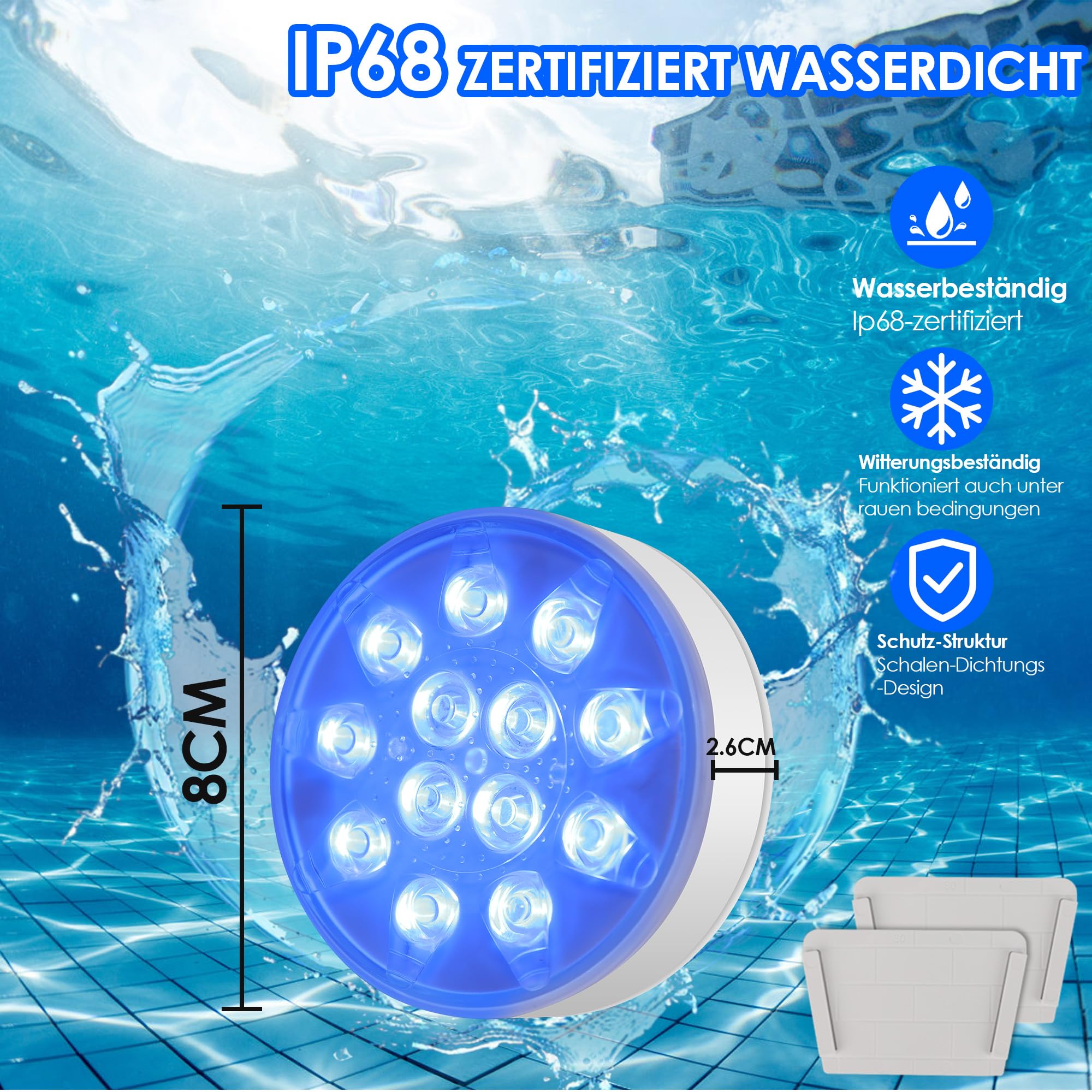 2 Stück LED Poolbeleuchtung Unterwasser Wiederaufladbare, Unterwasser Licht mit Fernbedienung, IP68 Wasserdichte Teichbeleuchtung, Für Pool, Springbrunnen, Teiche, Aquarien, Hochzeiten, 16 Farben