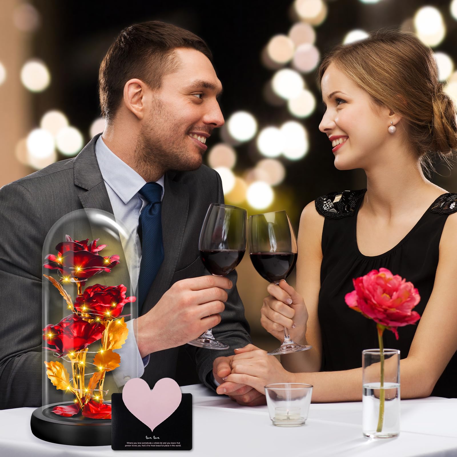 UCAMP Rosa Eterna con LED,Bella e La Bestia Rose Eterna,Galaxy Rose,Kit Regalo Rosa,Cupola in Vetro,Base in Legno,1 Biglietto d'Amore,per Mamma,Donne,Natale,Matrimonio,Anniversario,Festa della Mamma
