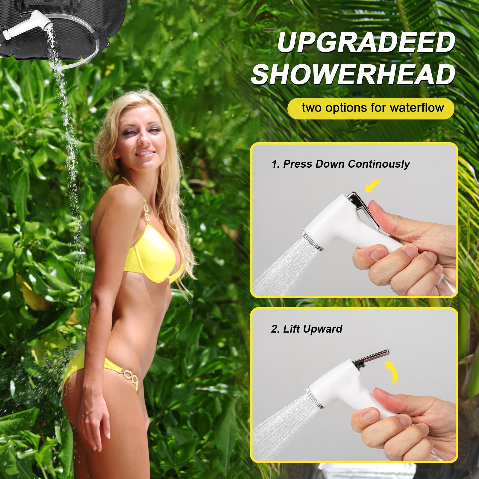 Portable Camping Bathroom Shower Tent Kit, Outdoor Pop Up Privacy Changing Tent with 5 Gallon Shower Bag-(Nozzle Upgraded)(Black)