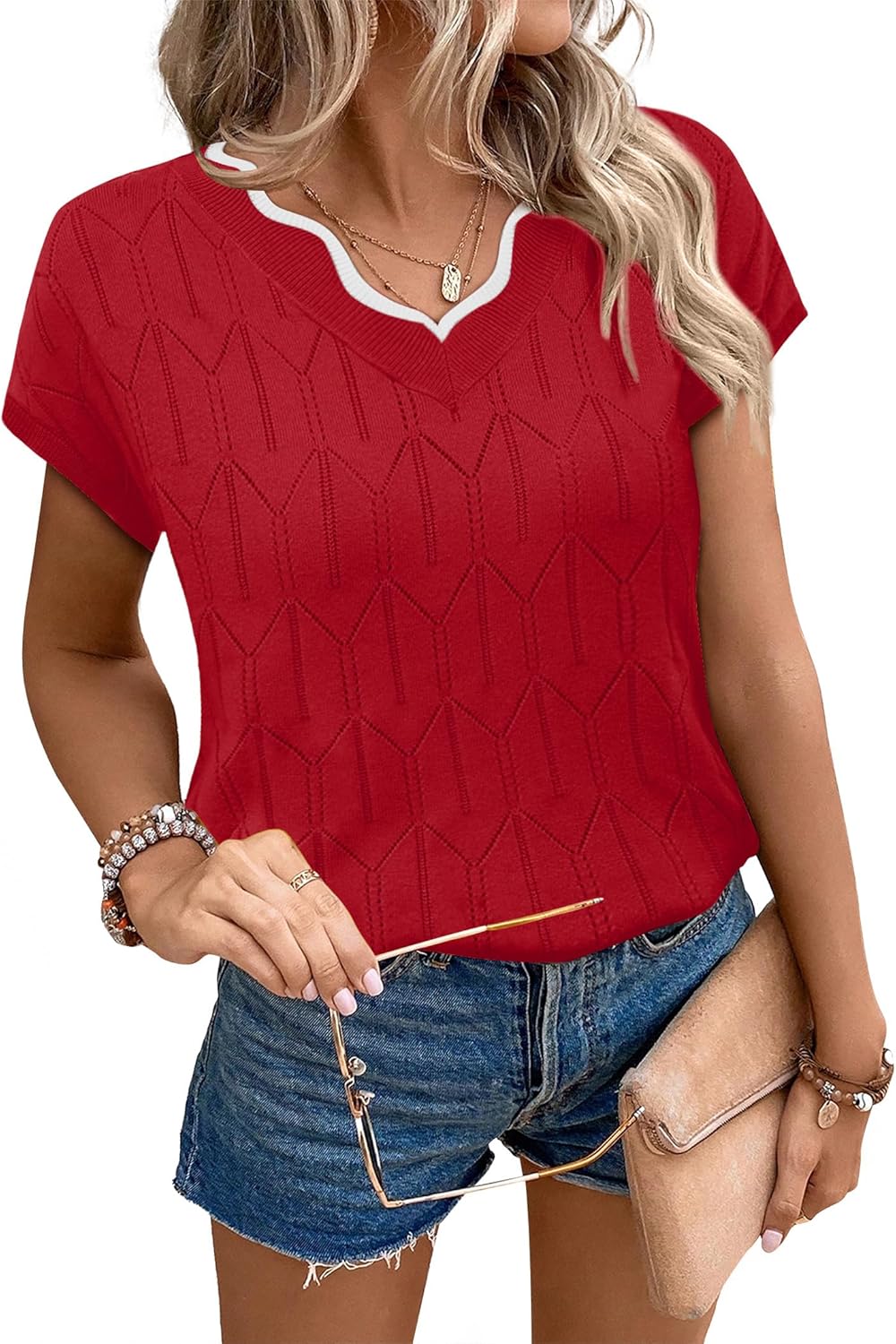 WIHOLL Short Sleeve Sweater for Women V Neck T Shirts Summer Tops 2026 Beach Vacation Clothes Travel Business Casual Outfits - Image 4