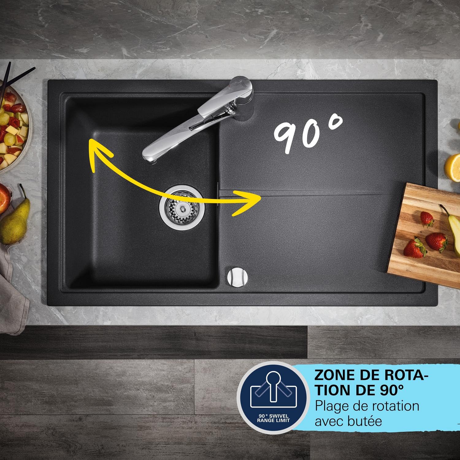 GROHE Start QuickFix Mitigeur monocommande Evier pour cuisine, Avec Douchette Extractible (Bec bas, rotation 90°, 2 Jets), Chrome, 1012410000
