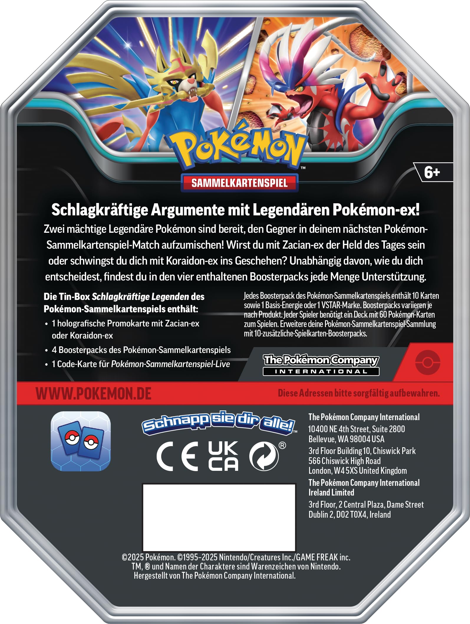 Pokémon - Gioco di carte collezionabili: Tin-Box leggende potenti: Zacian-ex (1 carta promozionale olografica e 4 boosterpack)