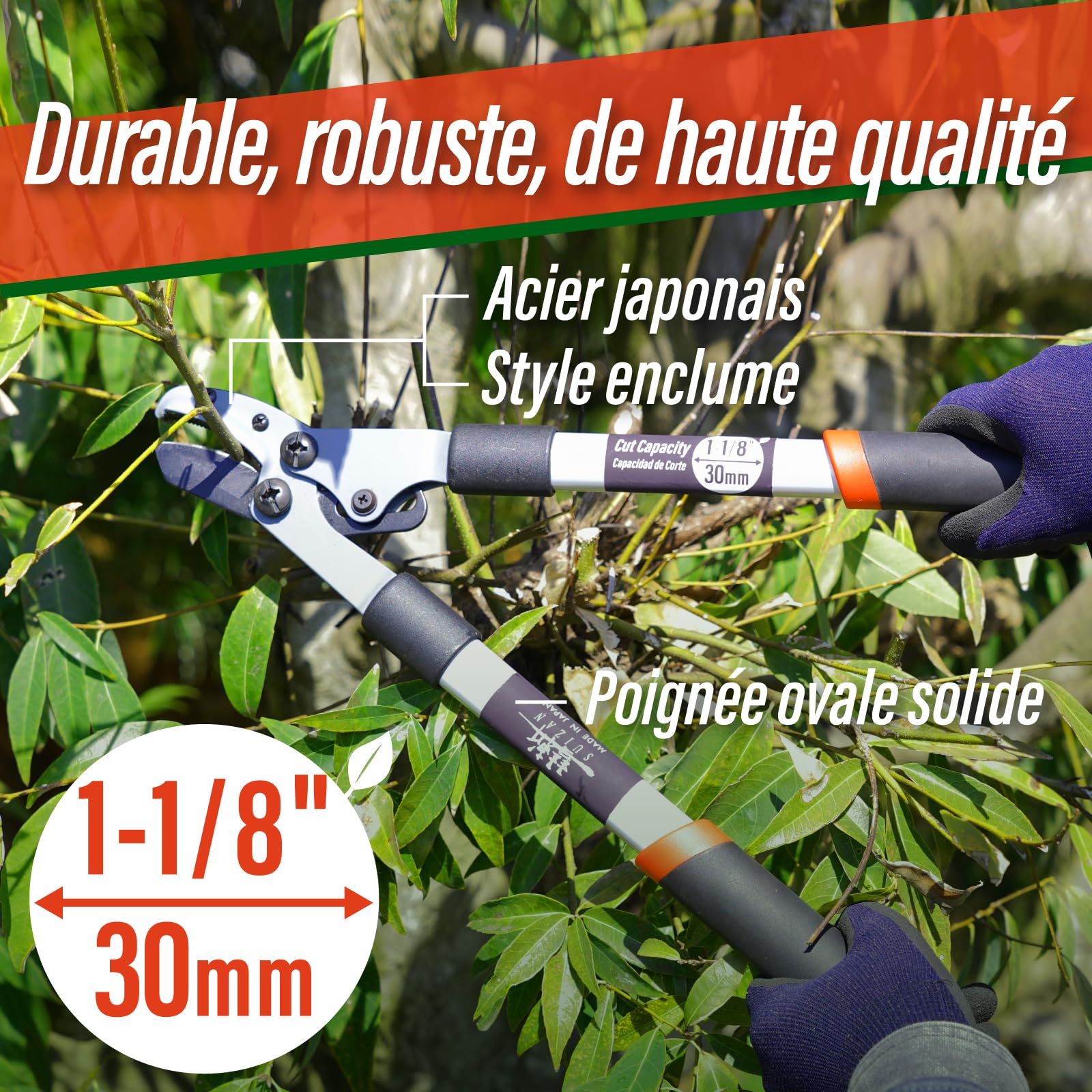 SUIZAN Coupe branches à enclume 465mm - Ébrancheur japonais compact léger | Professionnel Élagage Taille Bois mort Bois sec Arbres Arbustes Vergers Fruitiers Jardinage Outils de jardin Acier japonaises