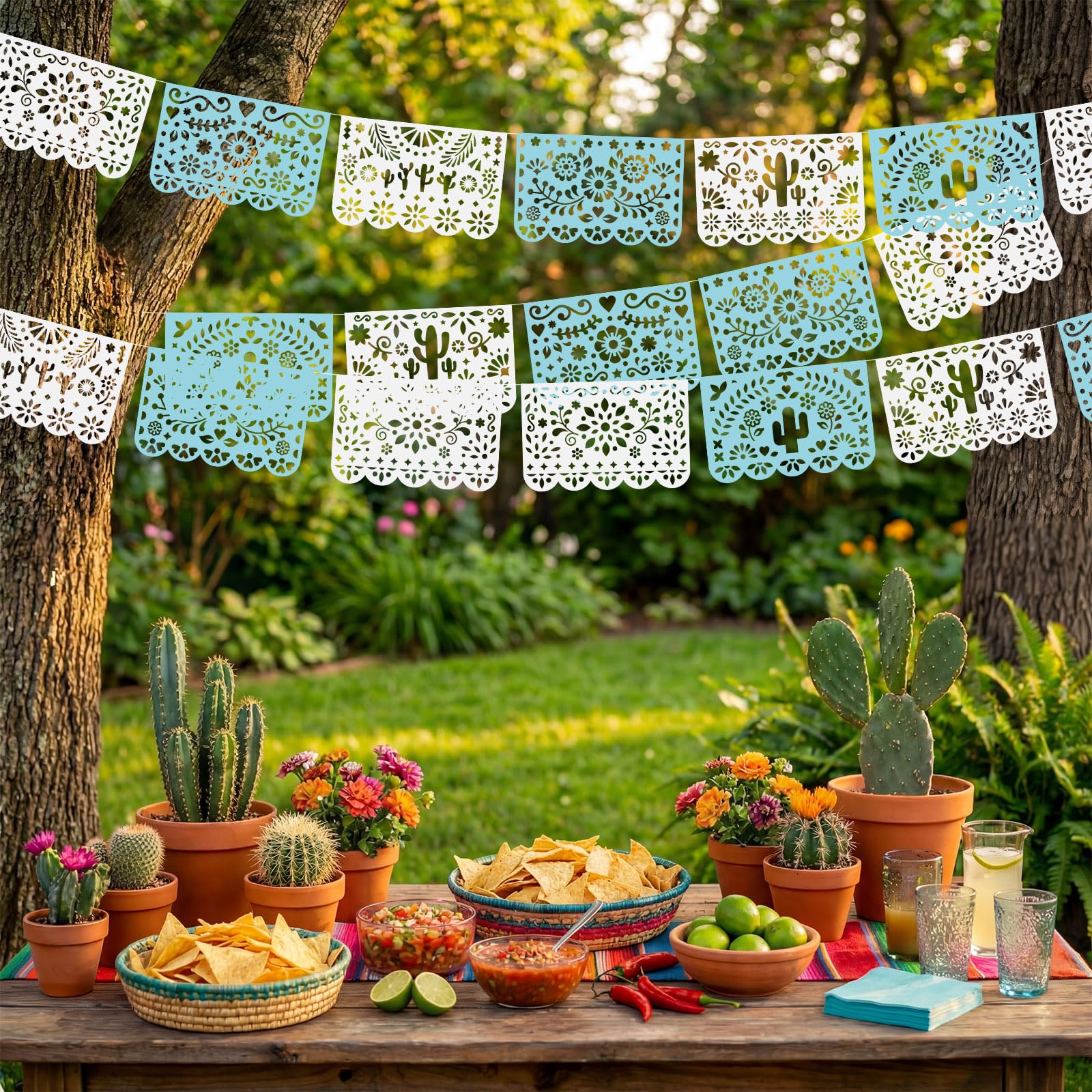 Tiamon Paquete de 4 guirnaldas de papel picado, decoraciones de fiesta mexicana de plástico para fiestas, Cielito Lindo Cinco de Mayo, baby shower, Día de Muertos, decoración colgante para interiores
