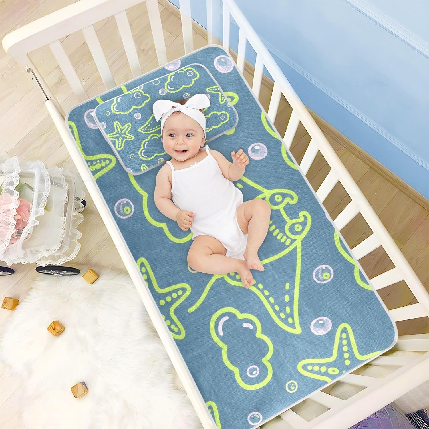 Ocean Animal Starfish Chartreuse Gray Cooling Baby Waterproof Crib Mattress Protector 28" x 52" Breathable Bed Pads Disposable for Baby&Toddler