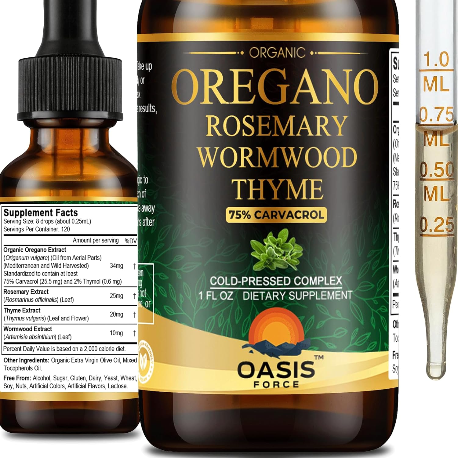 Óleo Orgânico de Orégano Oasisforce com 75% de Carvacrol – Suplemento Herbal Vegano para Imunidade e Saúde Digestiva, Rico em Compostos Naturais