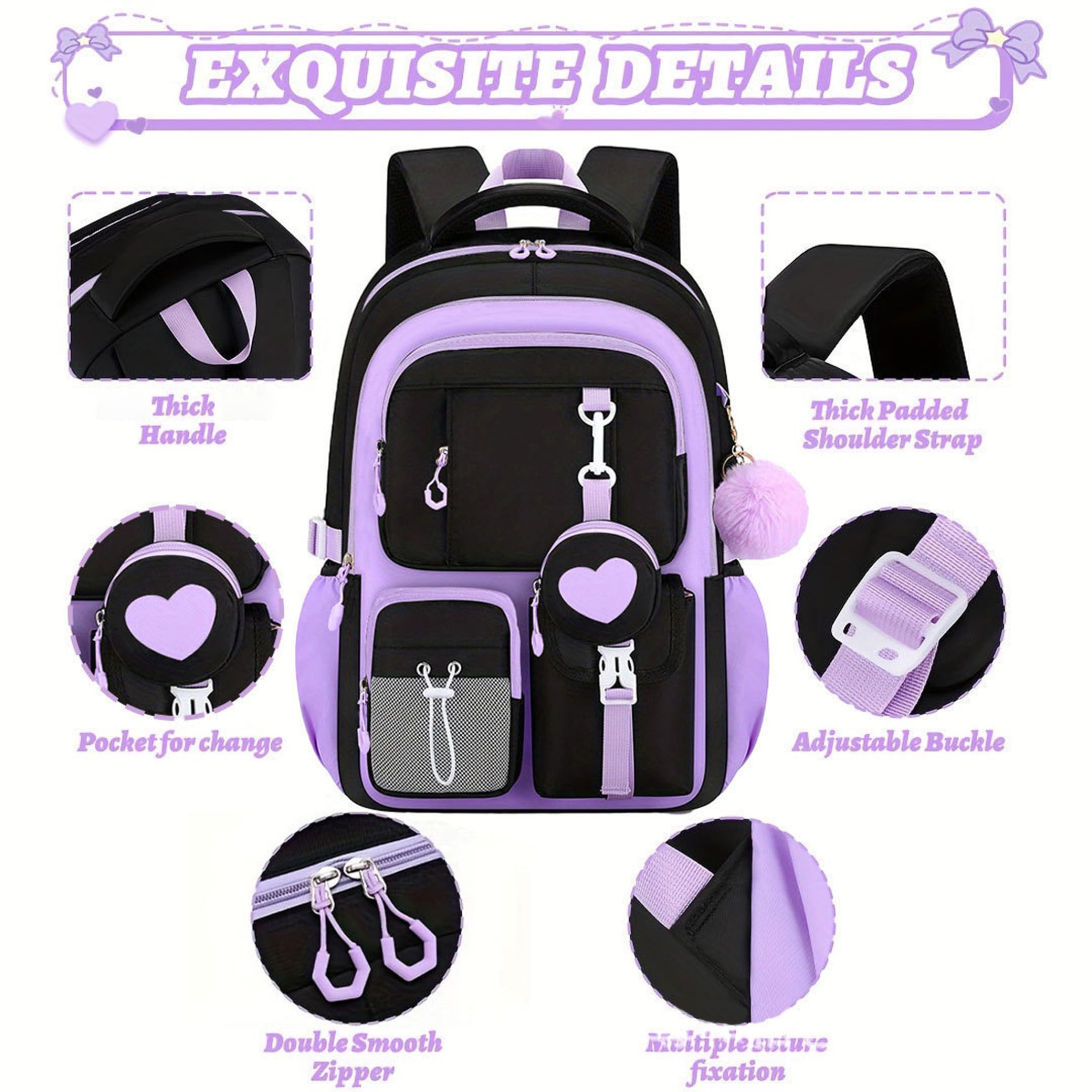 Conjunto de mochila para niñas, bolso escolar con lonchera y estuche, negro y morado