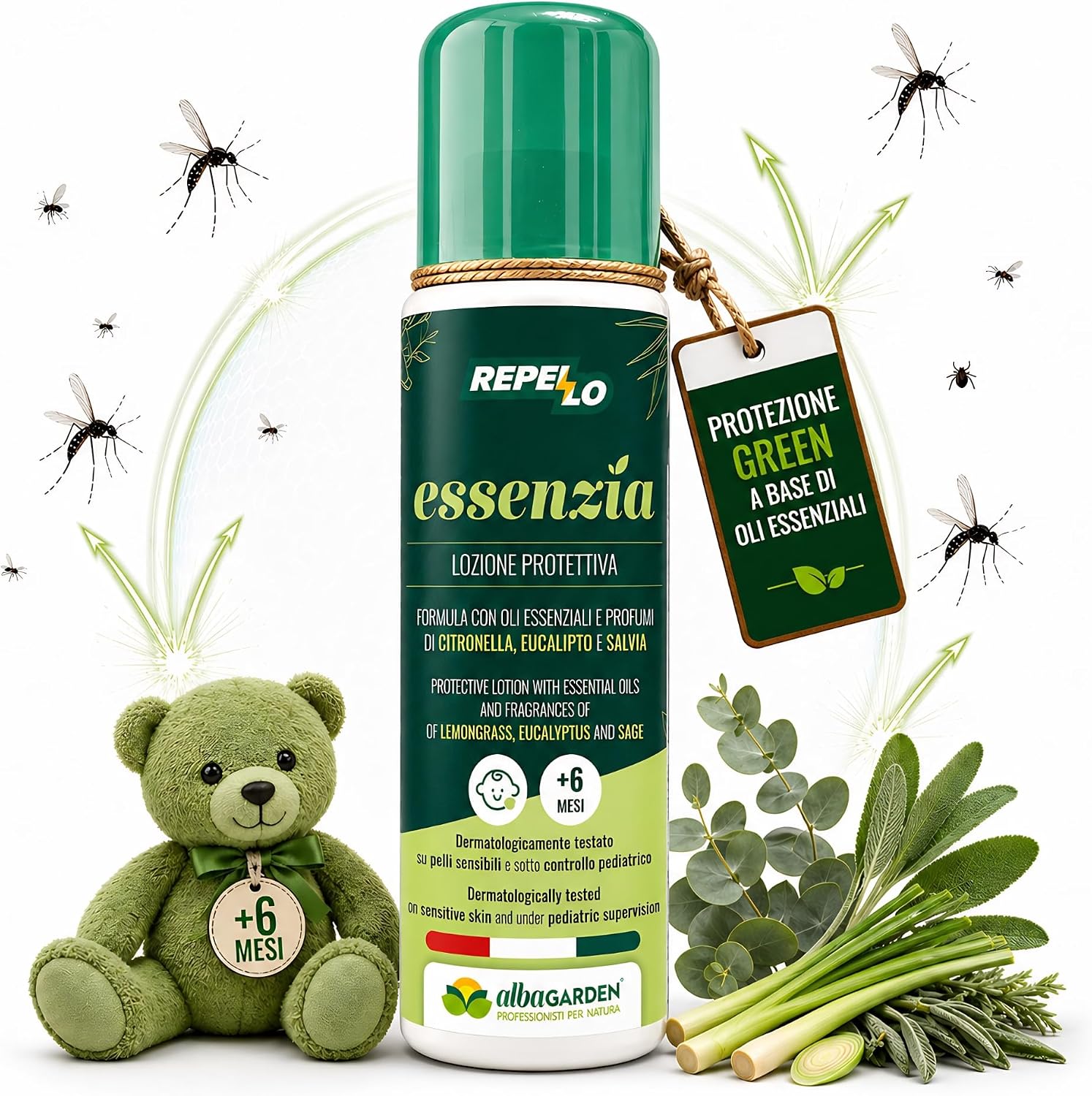 Albagarden – Lozione Antizanzare a Base di Oli Essenziali | Citronella, Eucalipto, Salvia, Mentolo e Sodio Jaluronato – Pelle Fresca e Non Unge, Ideale per Pelli Sensibili e Bambini