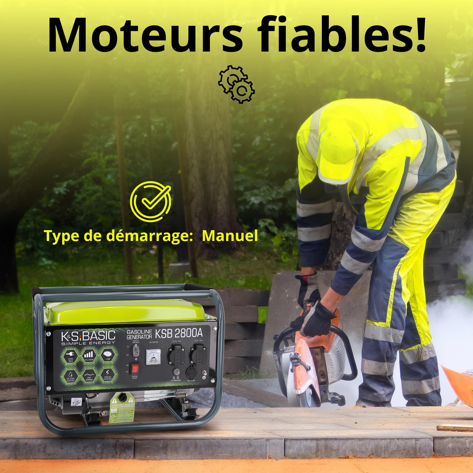 Groupe électrogène à essence KSB 2800A, puissance maximale 2800W, démarrage manuel, régulateur de tension automatique (AVR), voltmètre, 2x16A (230V), sortie 12V, alternateur en aluminium.